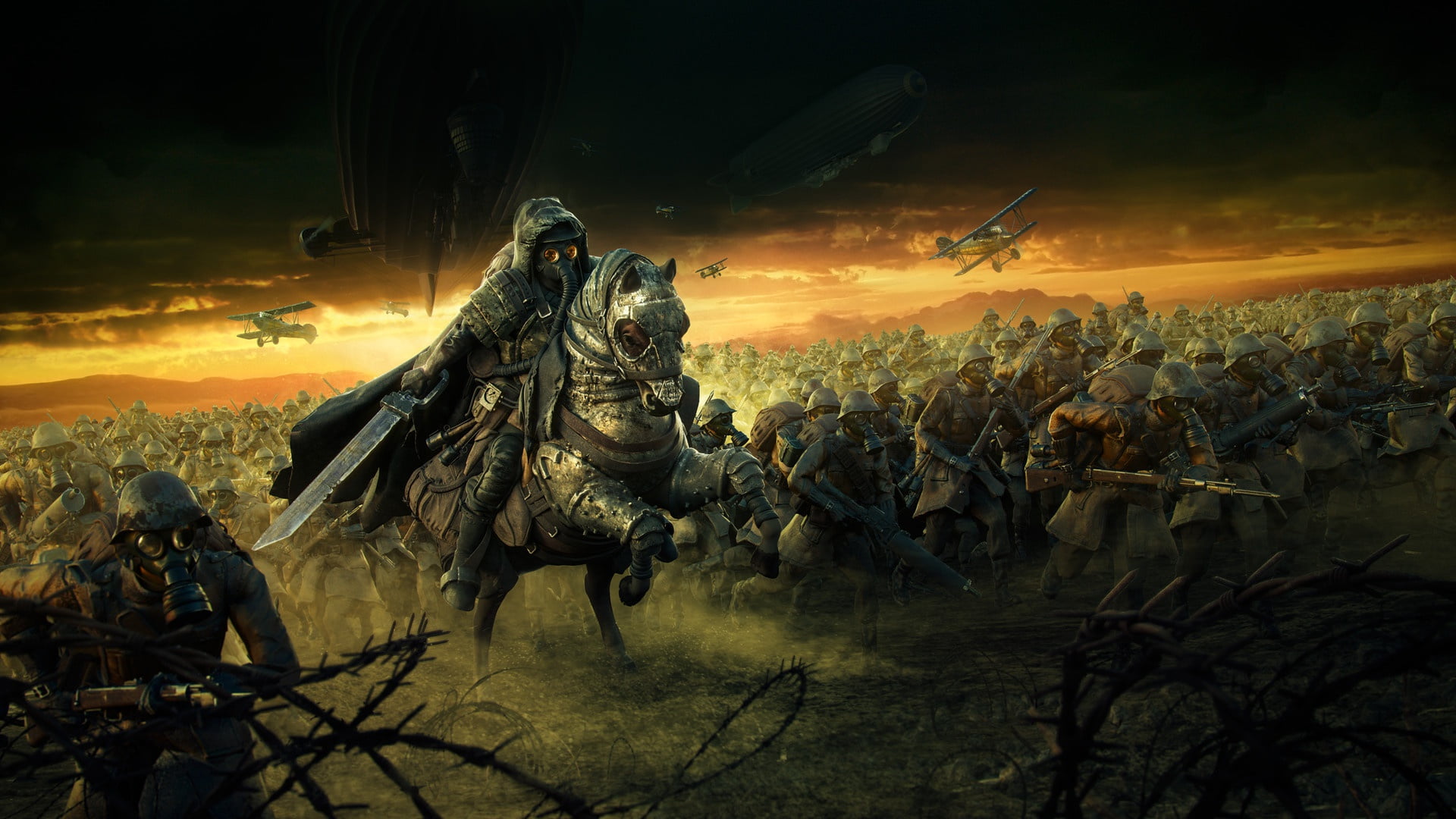 Mask, The plane, Sword, Horse, Airship, by tomi-vaisanen, Plague Brigade, Aircraft, Bayonets, Soldiers, War, Masks, The airship, World War I, Attack, The crowd, HD Wallpaper