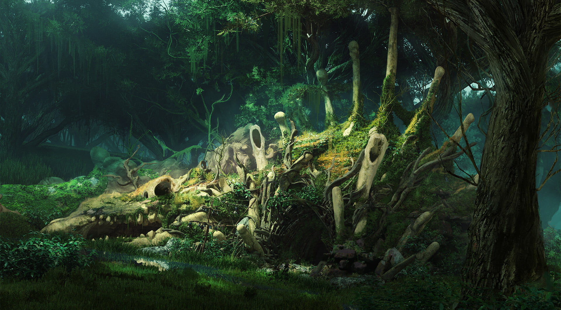 plants, overgrown, fossils, Tomi Vaisanen, nature, bones, drawing, skull, 1080P, trees, HD Wallpaper