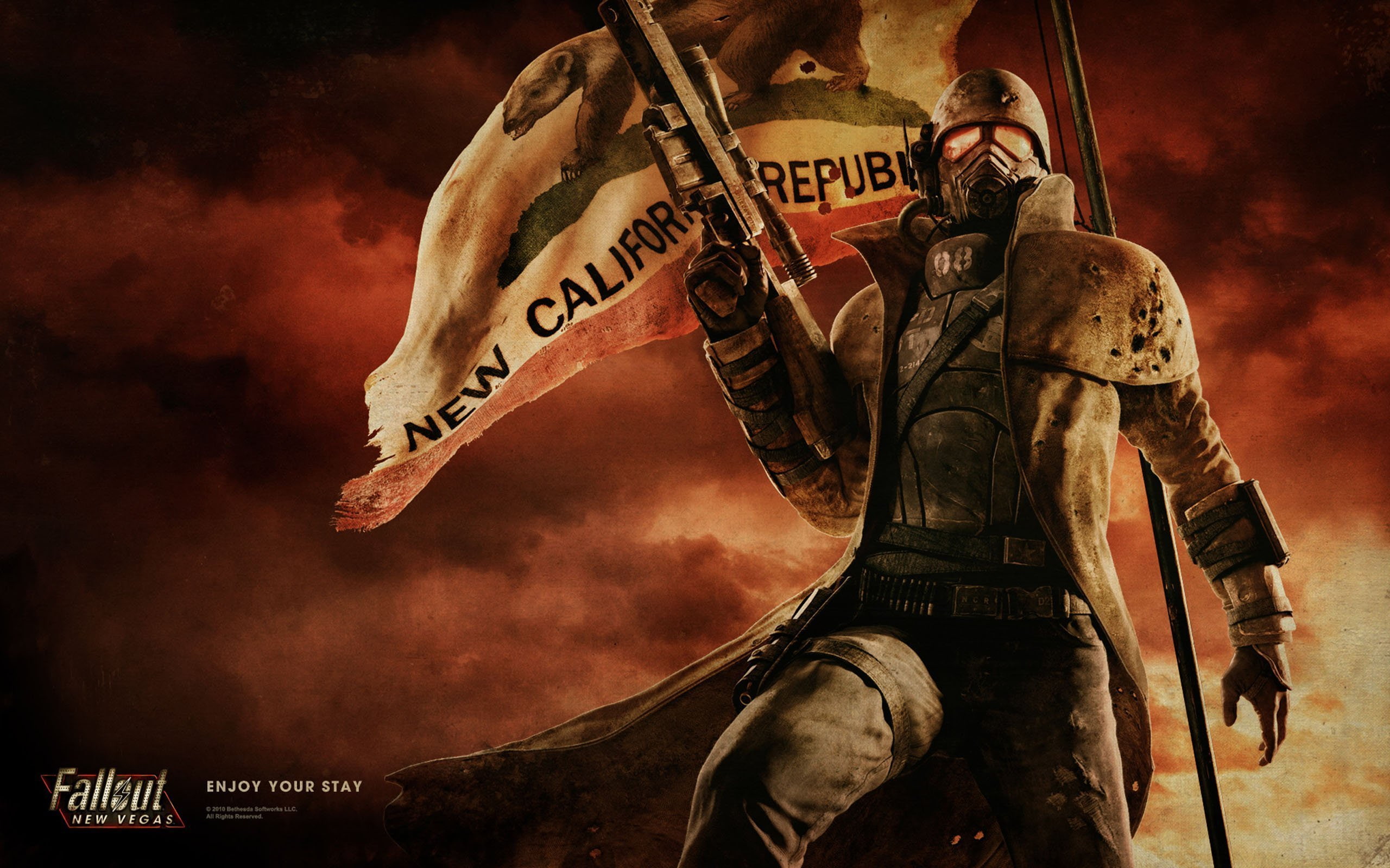 NCR, flag, New Vegas, soldiers, armor, Fallout, 2K, rifle, HD Wallpaper