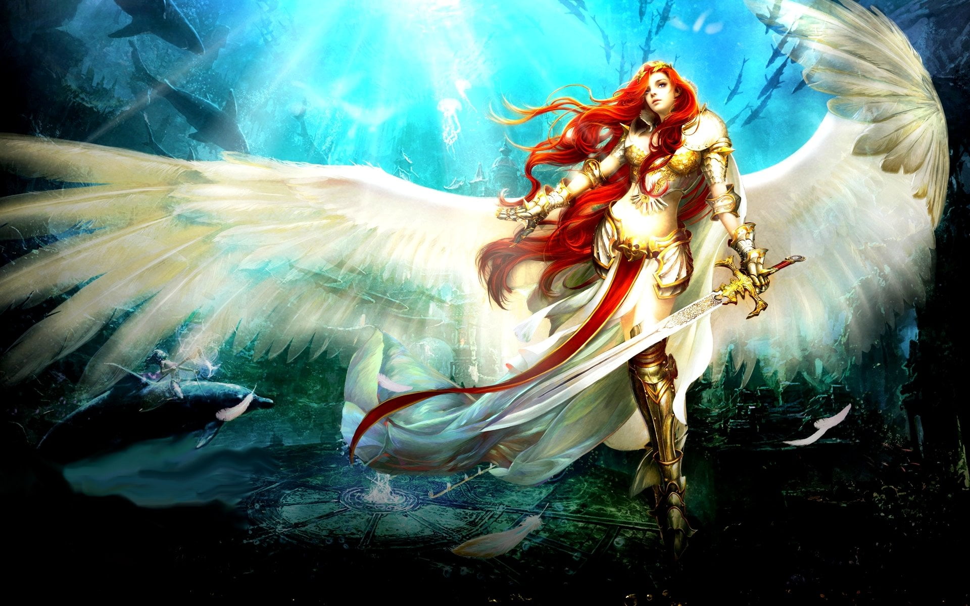 group of animals, animal wildlife, Wings, Woman, swimming, animals in the wild, Red Hair, Angel Warrior, sea life, Girl, sea, vertebrate, motion, water, HD Wallpaper