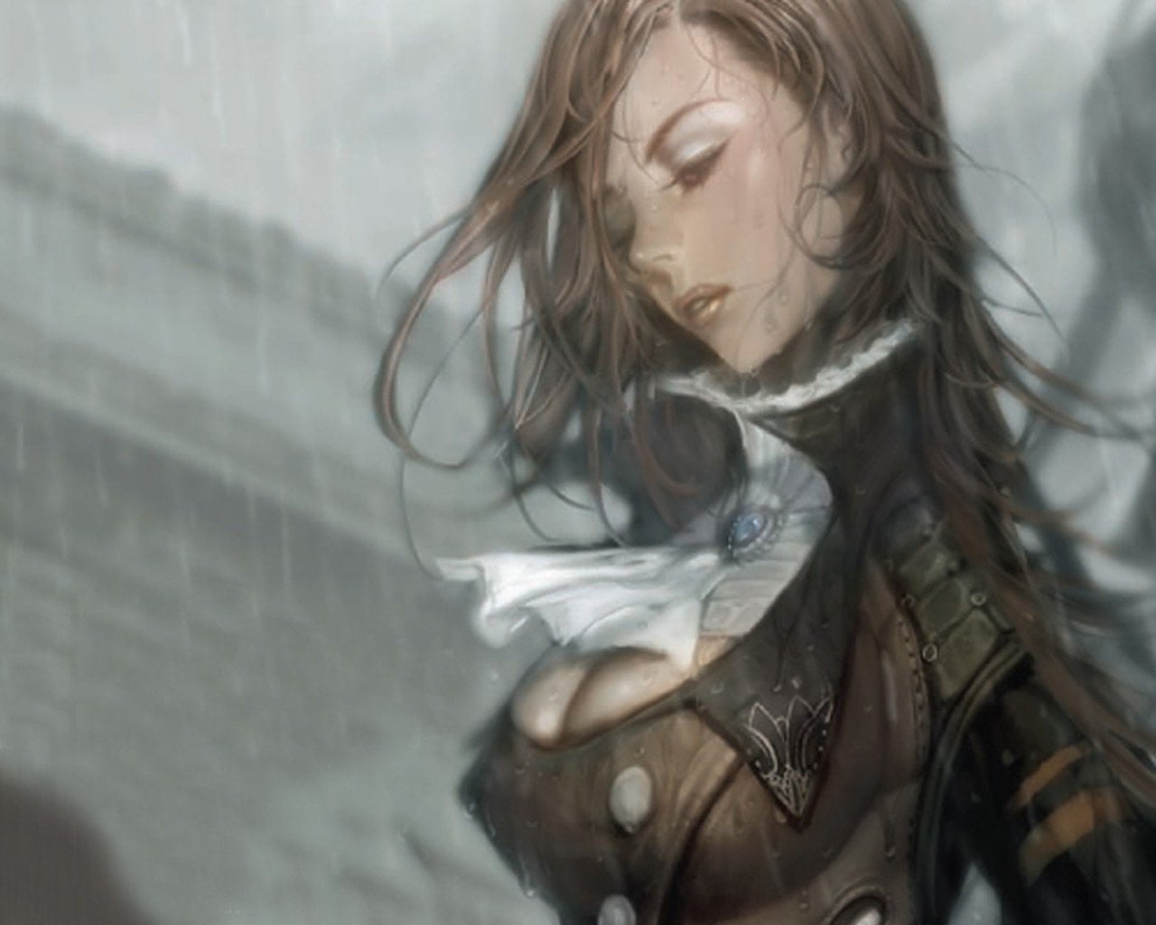 wind, Granado Espada, sadness, suit, rain, brown, women, portrait, one person, Steampunk, Sci Fi, brown hair, emotion, contemplation, hairstyle, young women, HD Wallpaper