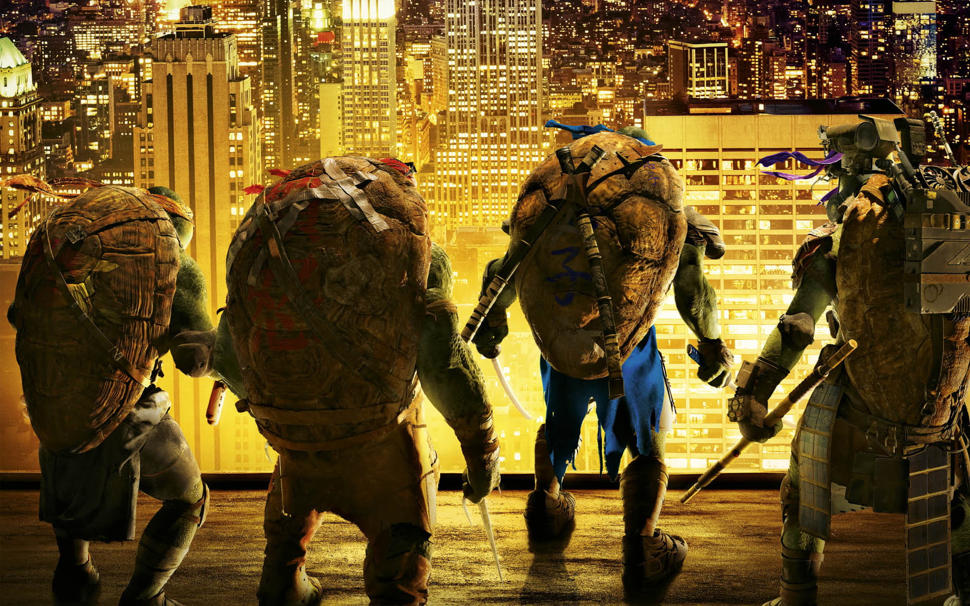 Donatello, building exterior, group, the city, protection, architecture, night, street, Raphael, full length, fiction, city, lights, Teenage Mutant Ninja Turtles, HD Wallpaper