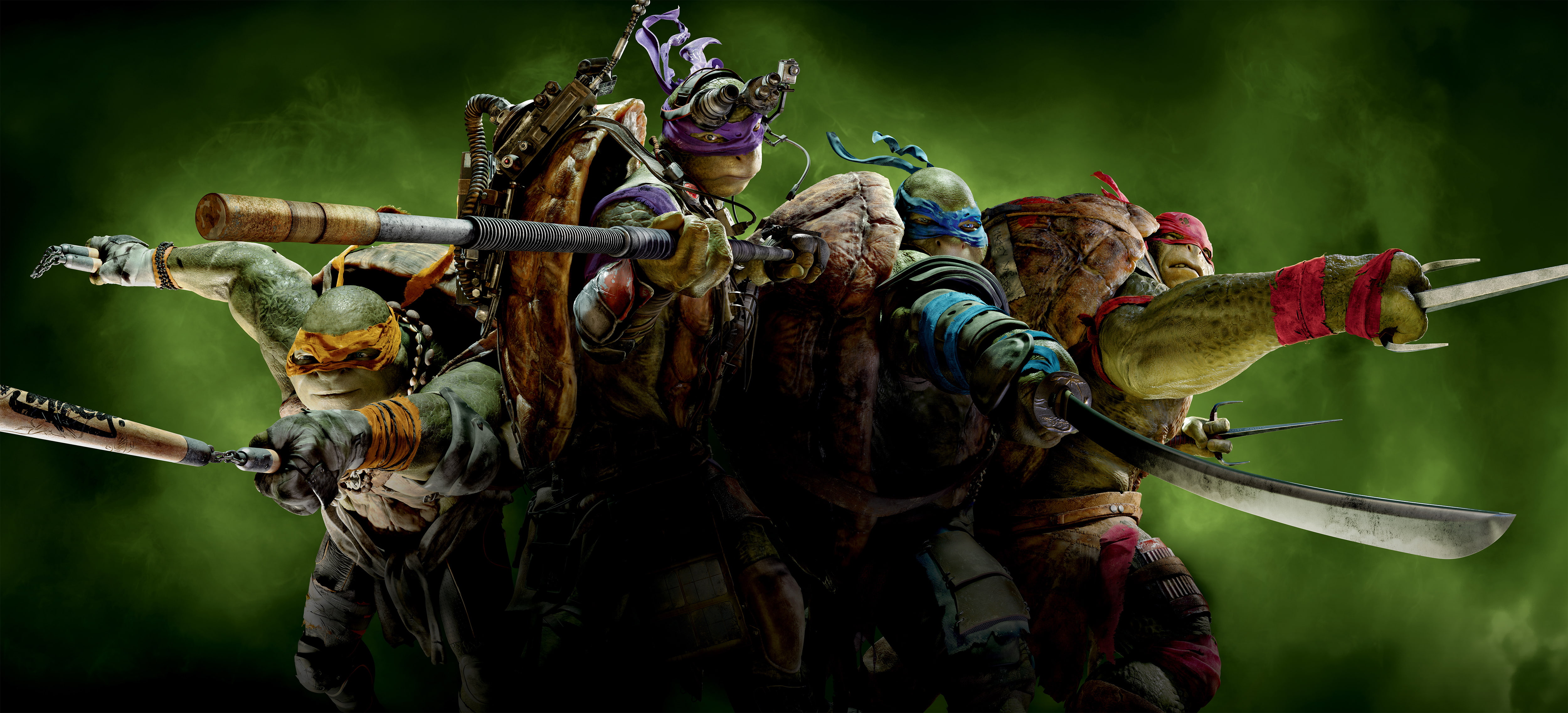 smoke, Donatello, Leonardo, fiction, Michelangelo, Teenage Mutant Ninja Turtles, mask, green, weapons, Raphael, background, 4K, HD Wallpaper