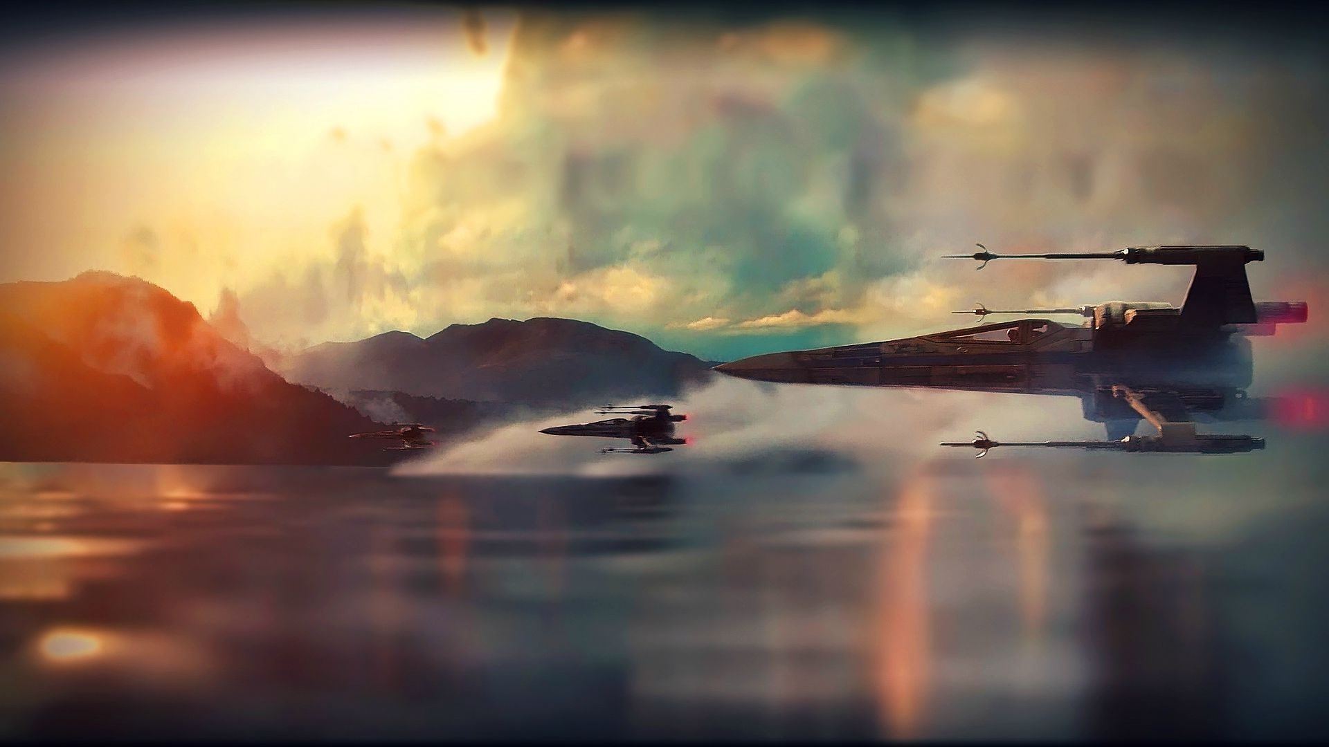 motion, outdoors, flying, nautical vessel, water, travel, air vehicle, Star Wars, X wing, sunset, cloud - sky, reflection, mode of transportation, nature, HD Wallpaper