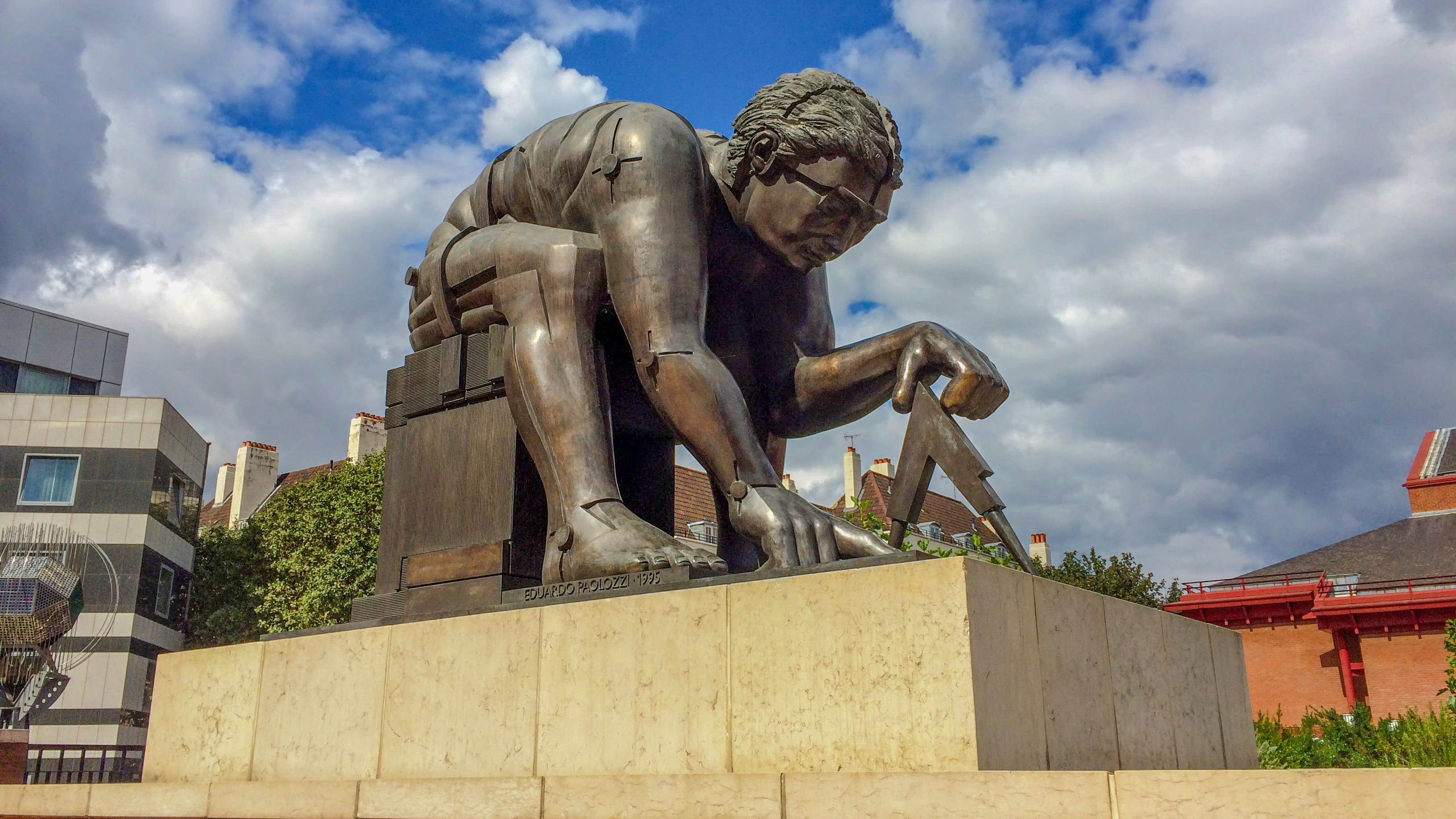monument, memorial, eduardo paolozzi, art and craft, nature, architecture, newton, day, sky, cloud - sky, statue, the british library, human representation, HD Wallpaper