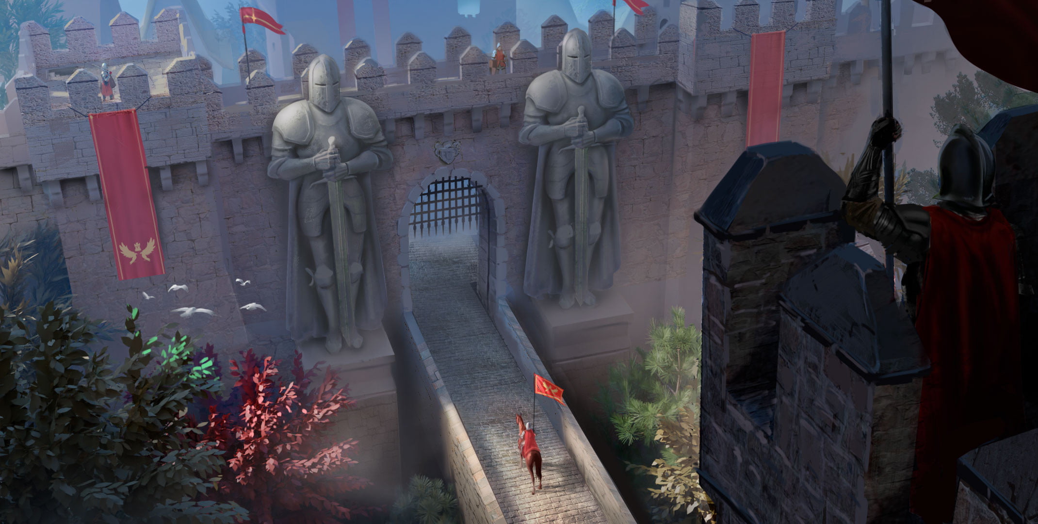 digital art, Eduardo suarez garcia, guards, artwork, knight, fort, 1080P, castle, statue, HD Wallpaper