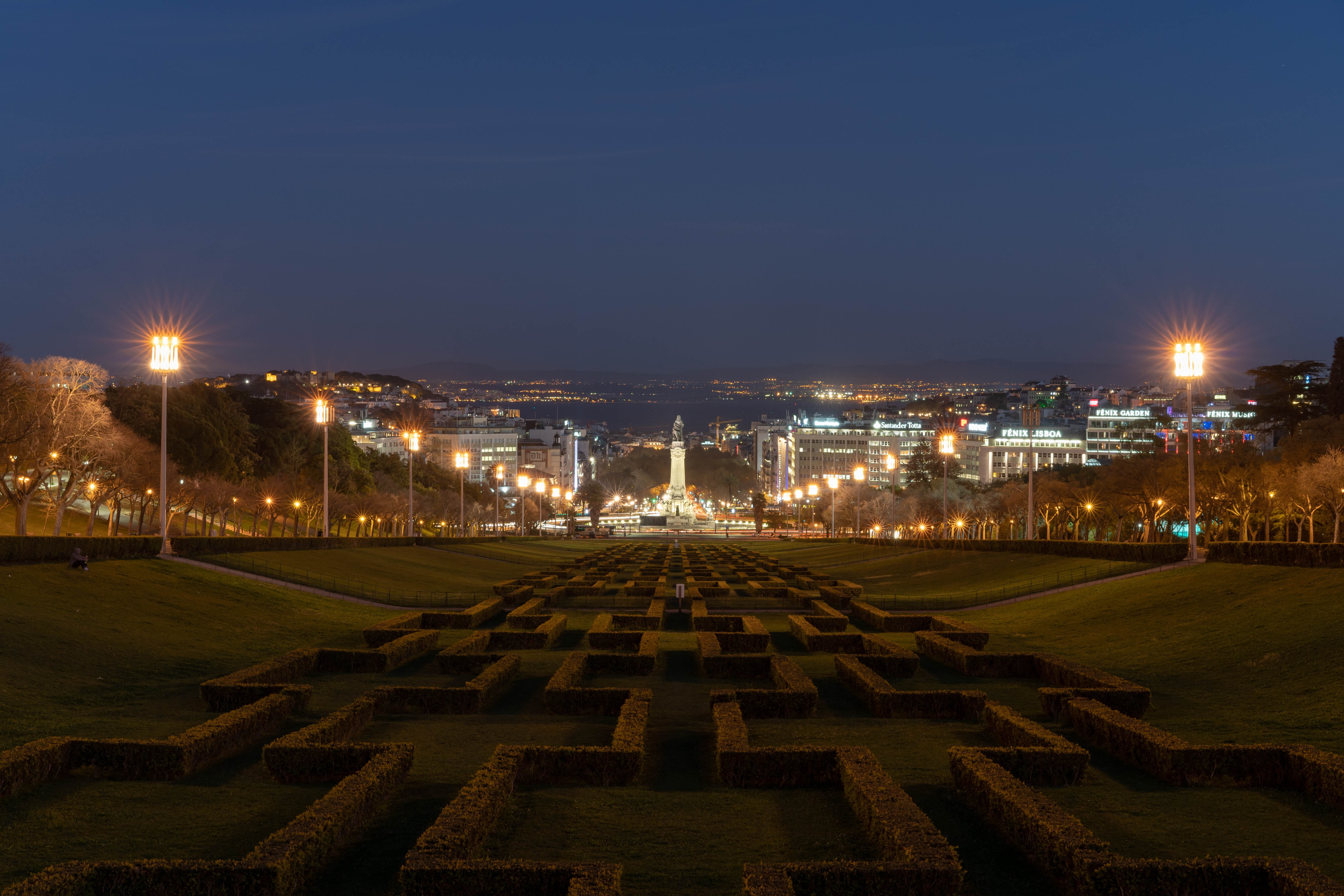 built structure, night, building exterior, no people, park, street light, illuminated, city, history, outdoors, memorial, in a row, portugal, nature, street, HD Wallpaper