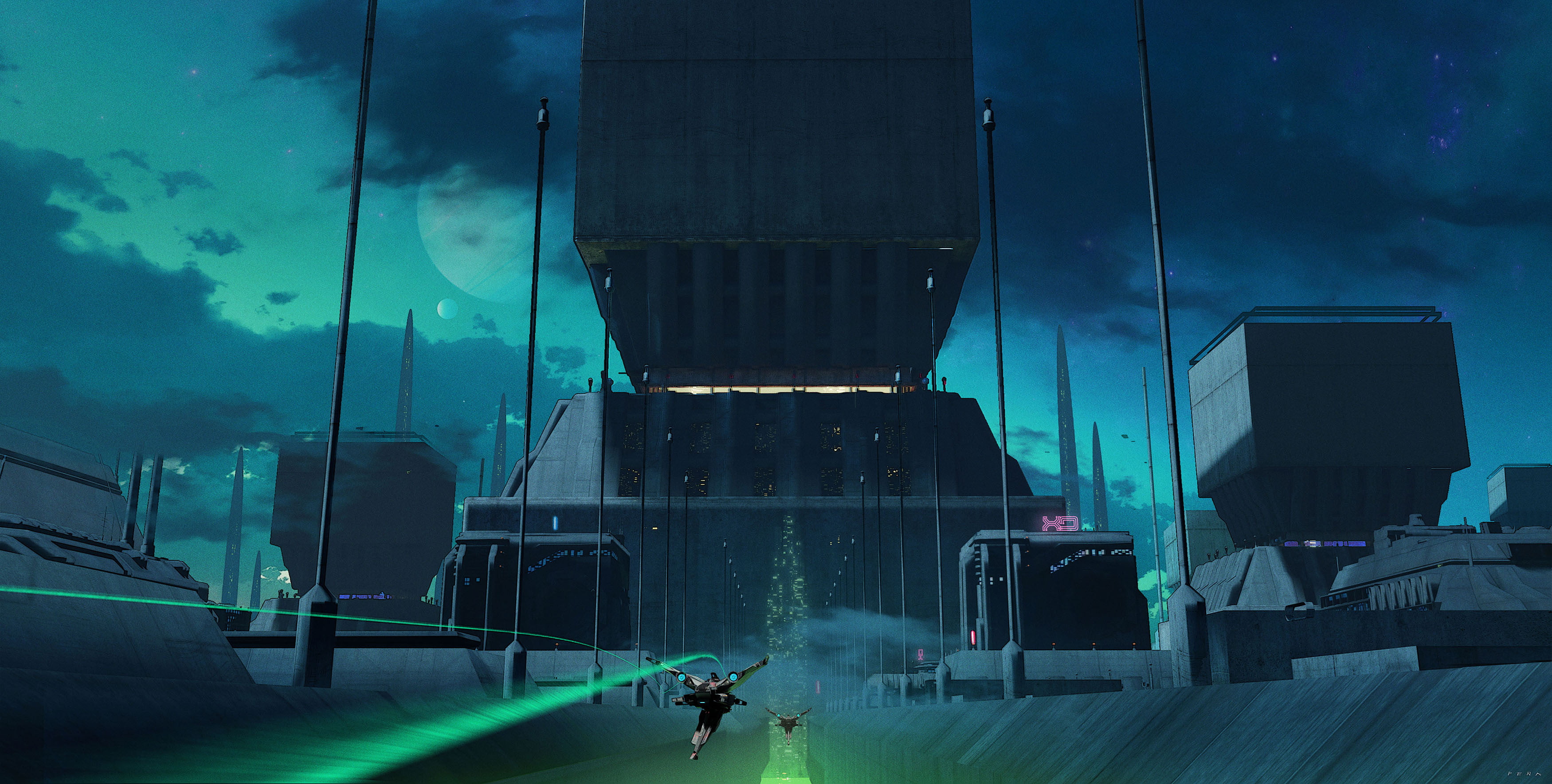 science fiction, 2K, Eduardo Pena, hologram, city, machine, digital art, Moon, HD Wallpaper