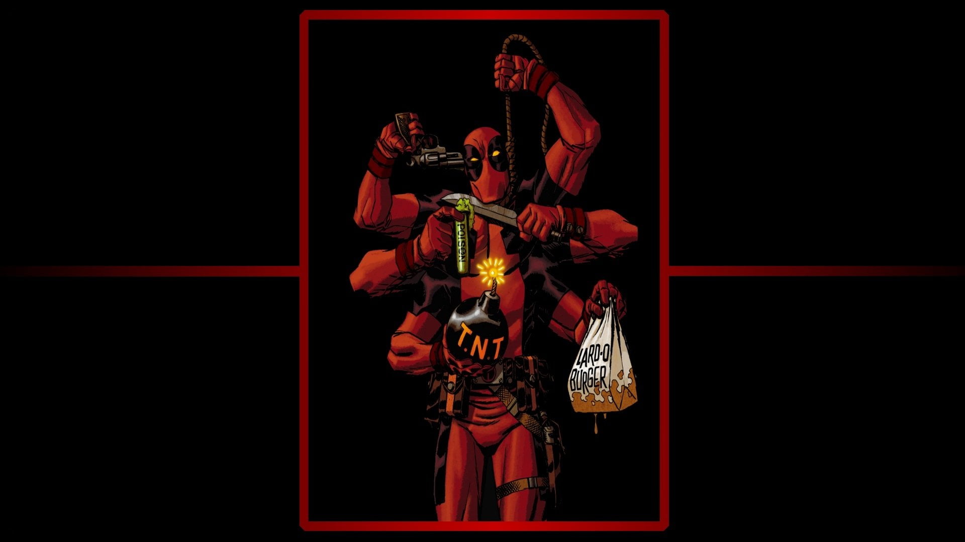 black background, two people, Comics, adult, Deadpool, night, standing, Merc with a Mouth, full length, studio shot, holding, real people, figurine, copy space, HD Wallpaper
