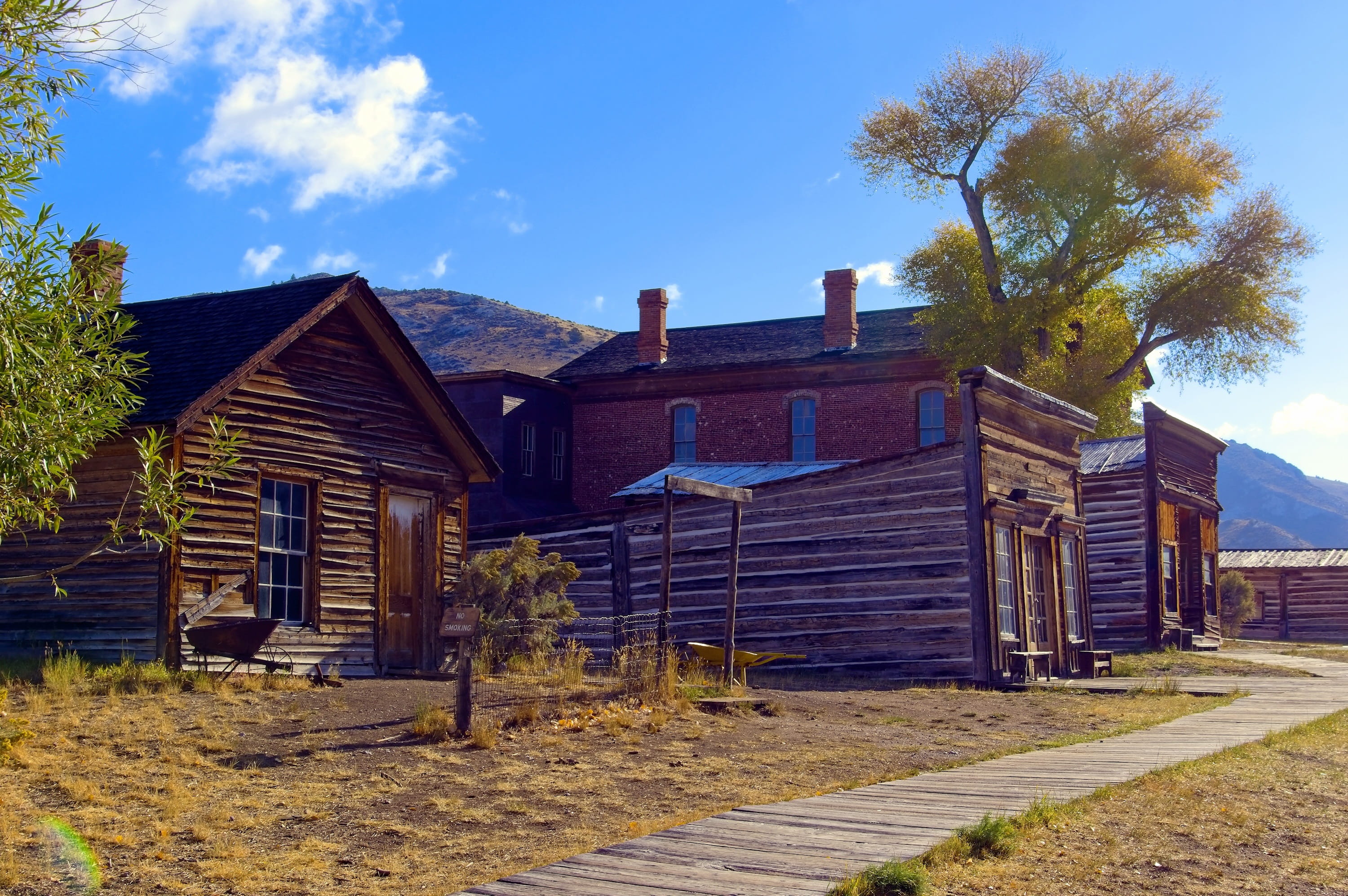 mining, travel, old bannack shops and hotel, cabin, county, no people, west, sky, outdoors, old, door, cloud - sky, land, tree, beaverhead, building, park, HD Wallpaper