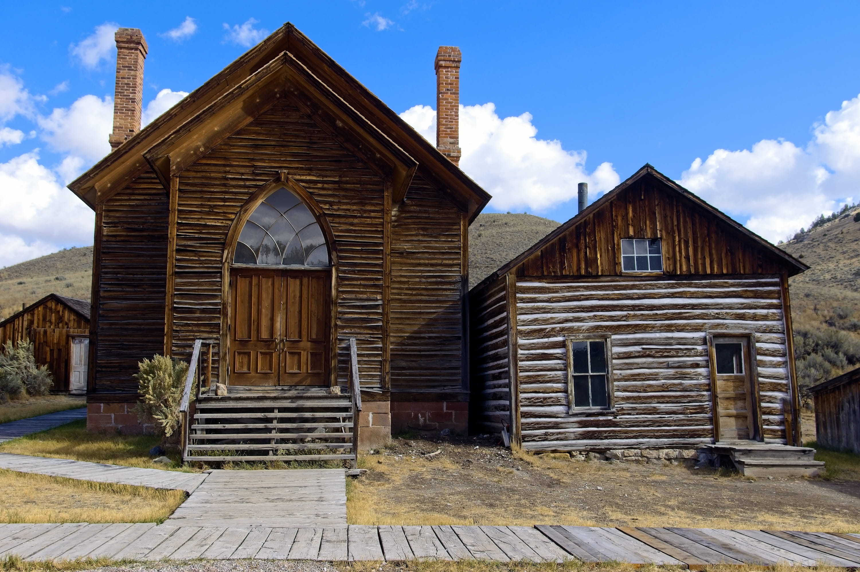 facade, mine town, wood - material, built structure, mining, vigilante, scenery, gold, sky, montana, day, building exterior, outdoors, sunlight, no people, HD Wallpaper