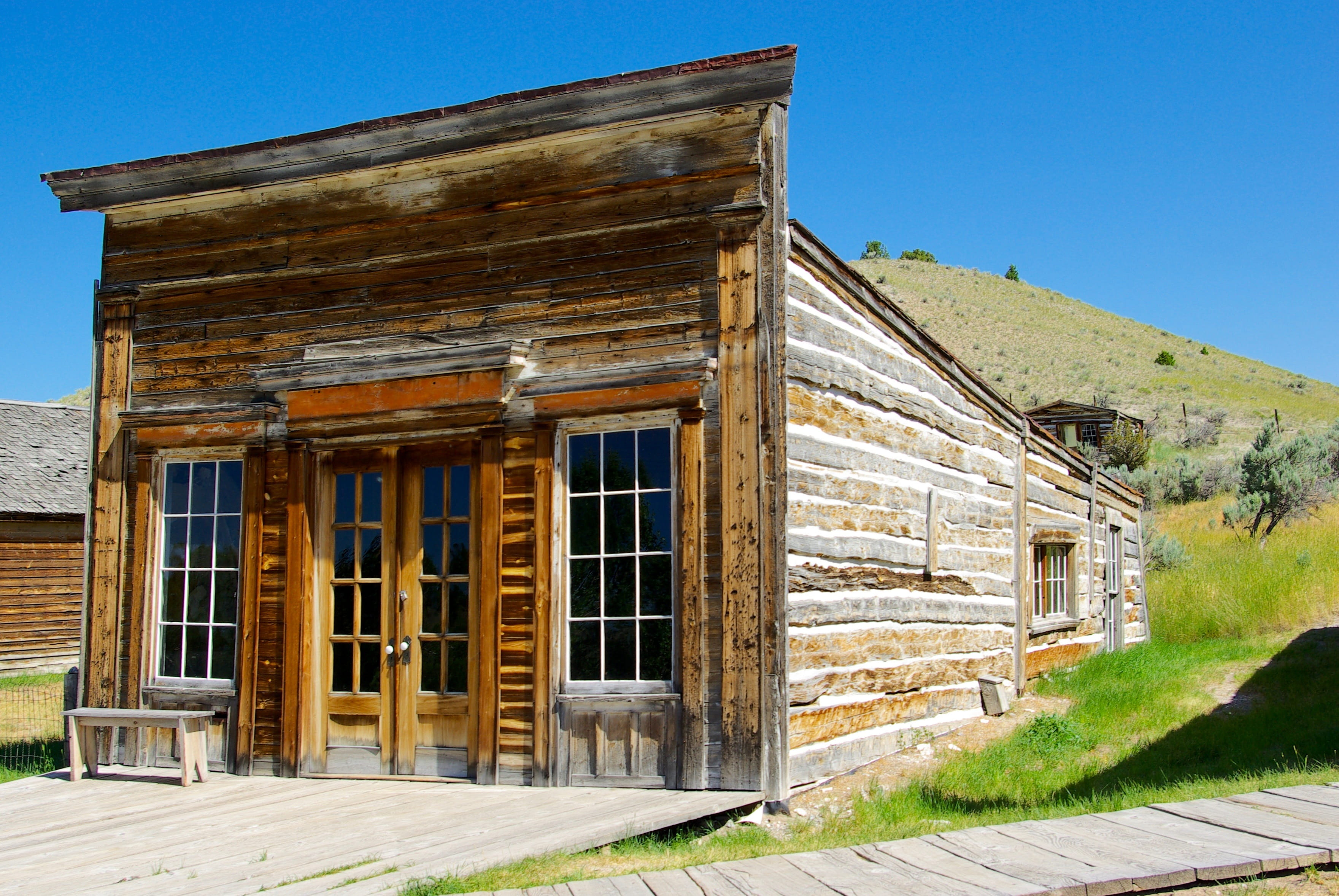 sky, assay, vigilante, old west, scenery, mining, scenic, vacation, old, bank, wood - material, blue, drug, bannack, abandoned, mine, 2K, building exterior, HD Wallpaper