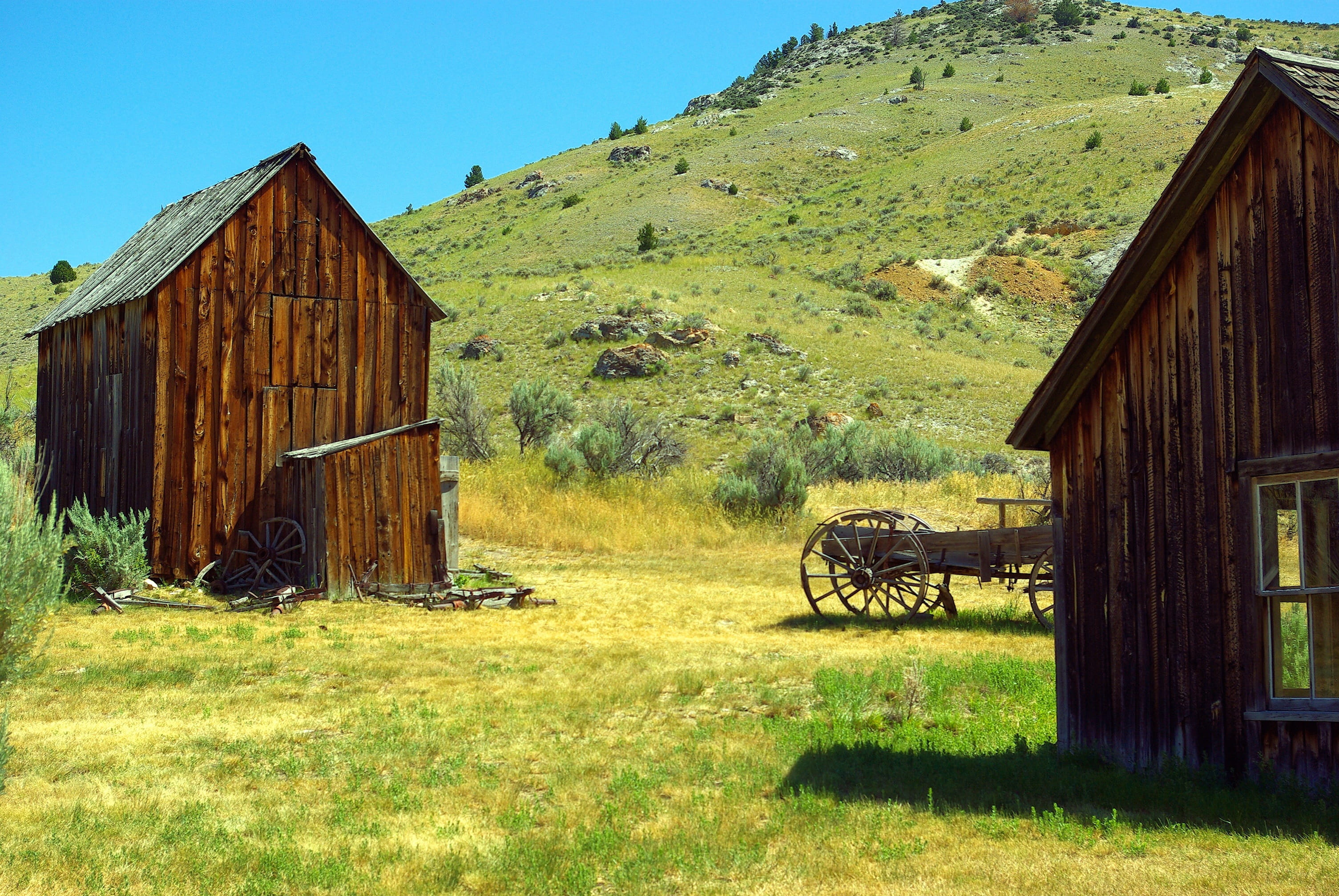bannack montana scene, house, wood - material, gold, sky, america, building, farm, building exterior, creek, beaverhead, nature, land, 2K, wood, architecture, HD Wallpaper