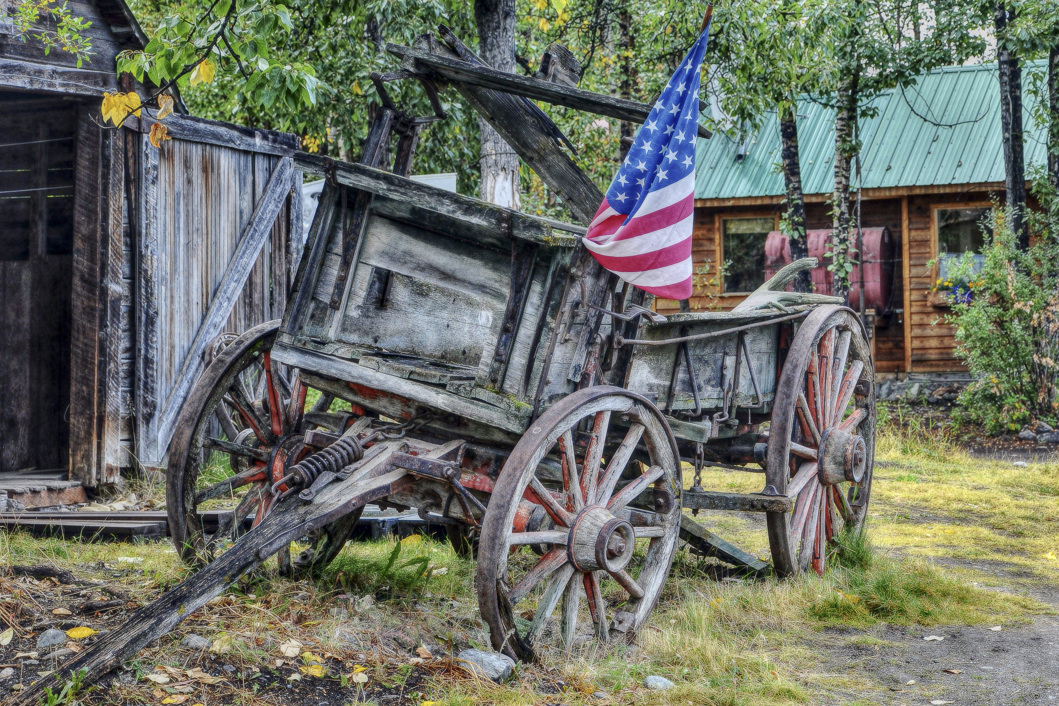 growth, hdr, transportation, wheel, american flag, plant, vintage, field, tree, cart, nature, usa, wagon, southern usa, land vehicle, wood - material, western style, HD Wallpaper