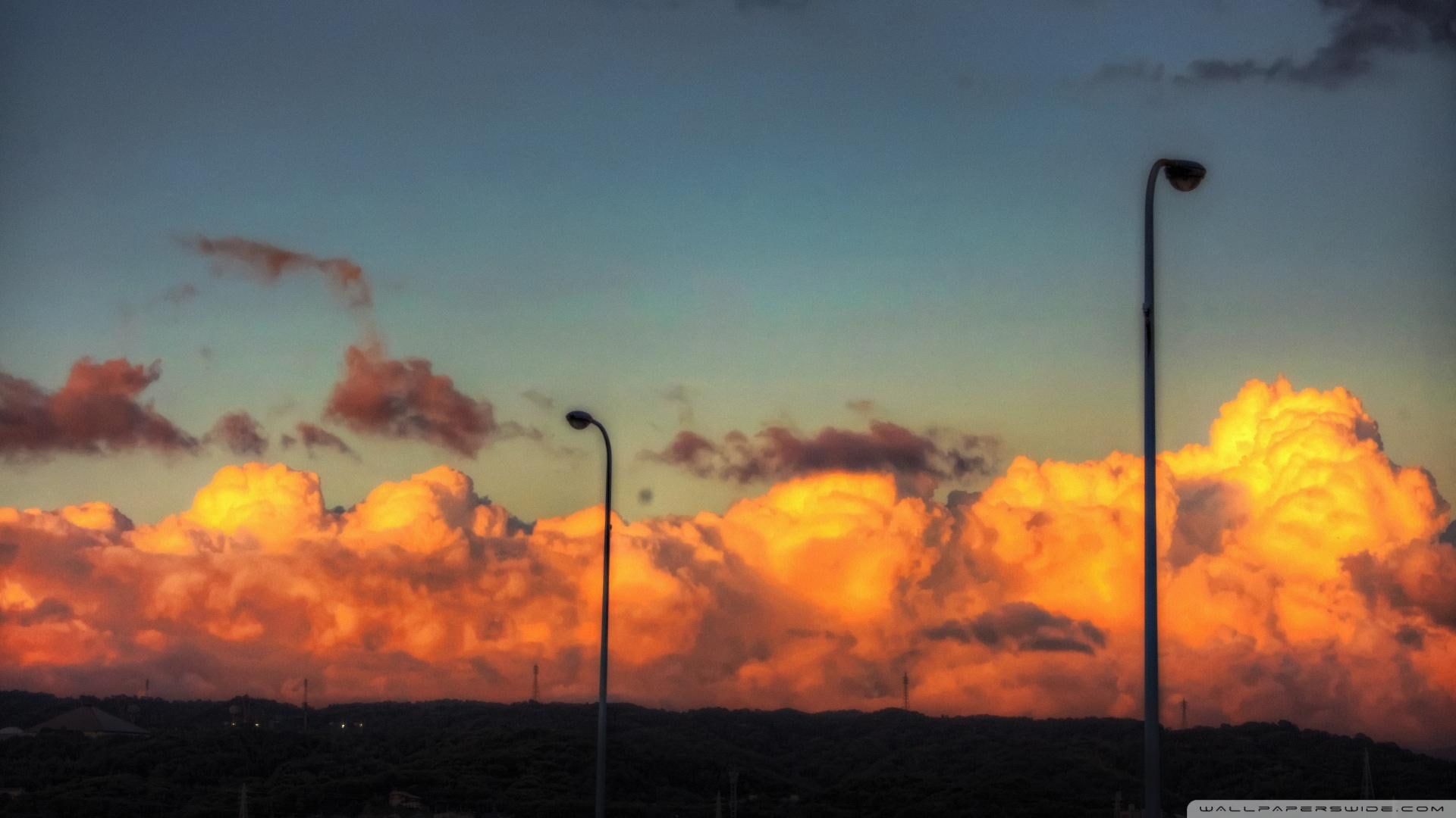 forest, light poles, sunset, hdr, japan, nature and landscapes, 1080P, orange, clouds, HD Wallpaper