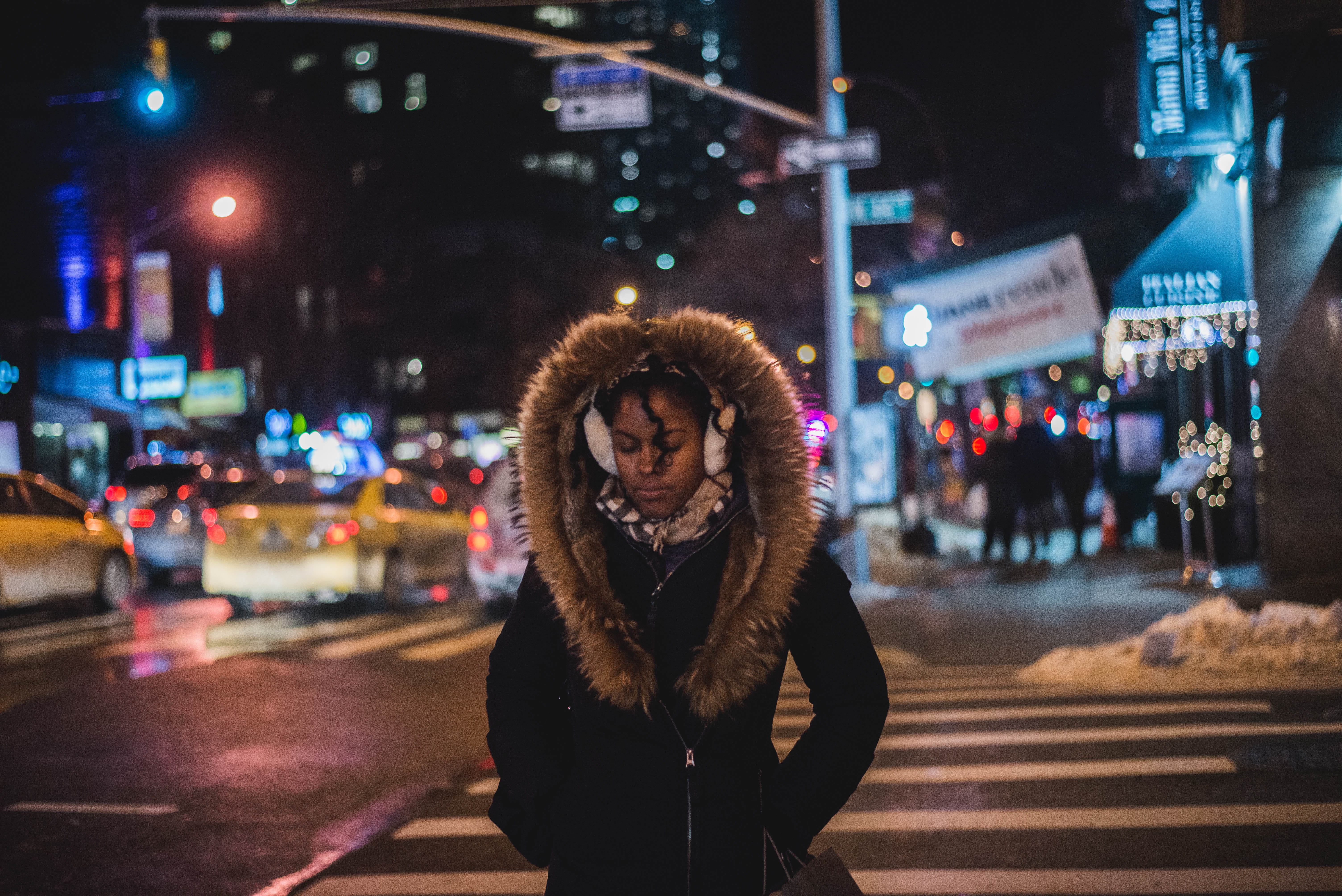 leader, leisure activity, woman, tough, parka, clothing, human, winter, warm clothing, looking at camera, vehicle, portrait, night, city, city life, wearing, HD Wallpaper