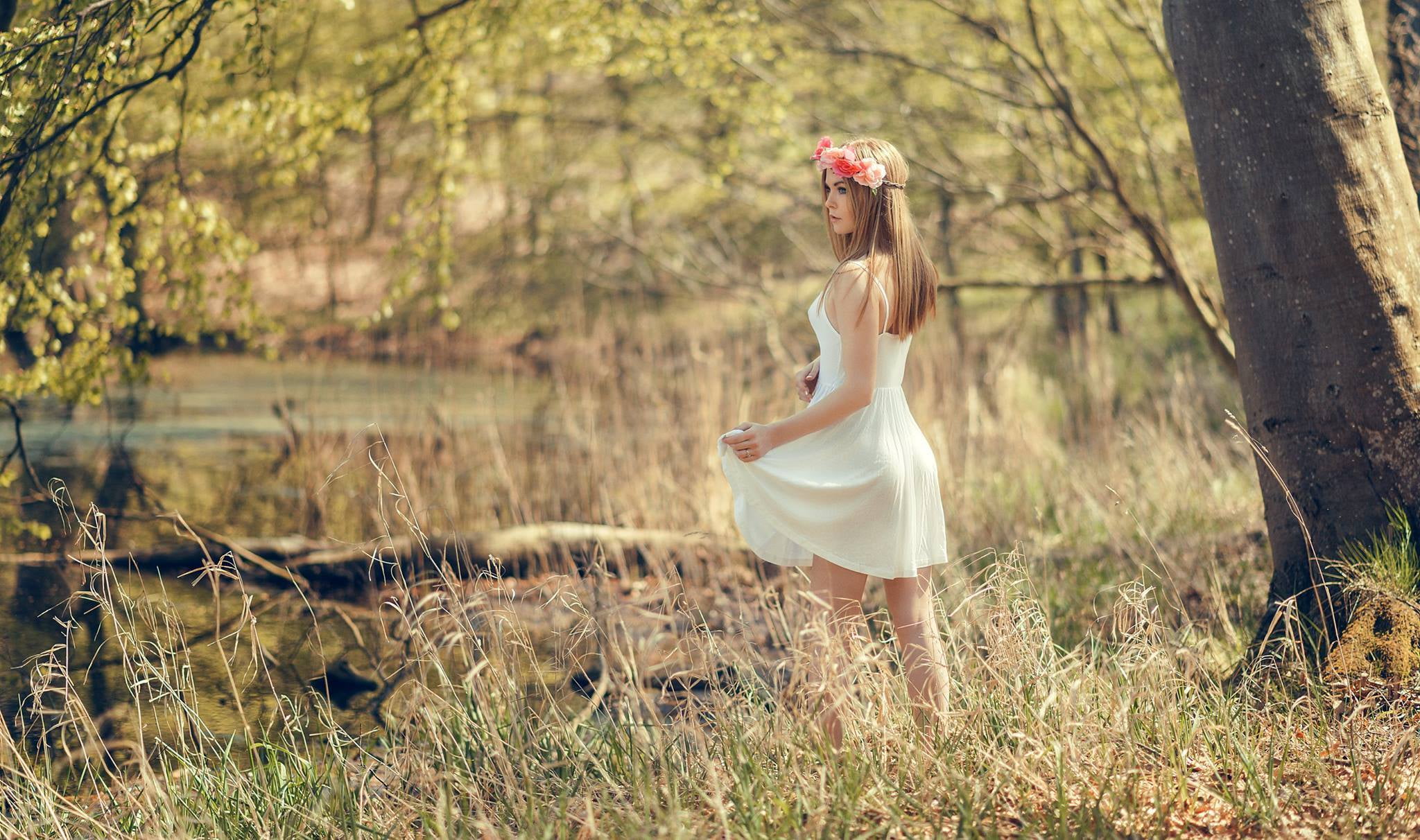 Tonny Jorgensen, Nathan Photography, summer, Sofie Elena, blonde, 1080P, forest, dress, girl, glade, HD Wallpaper