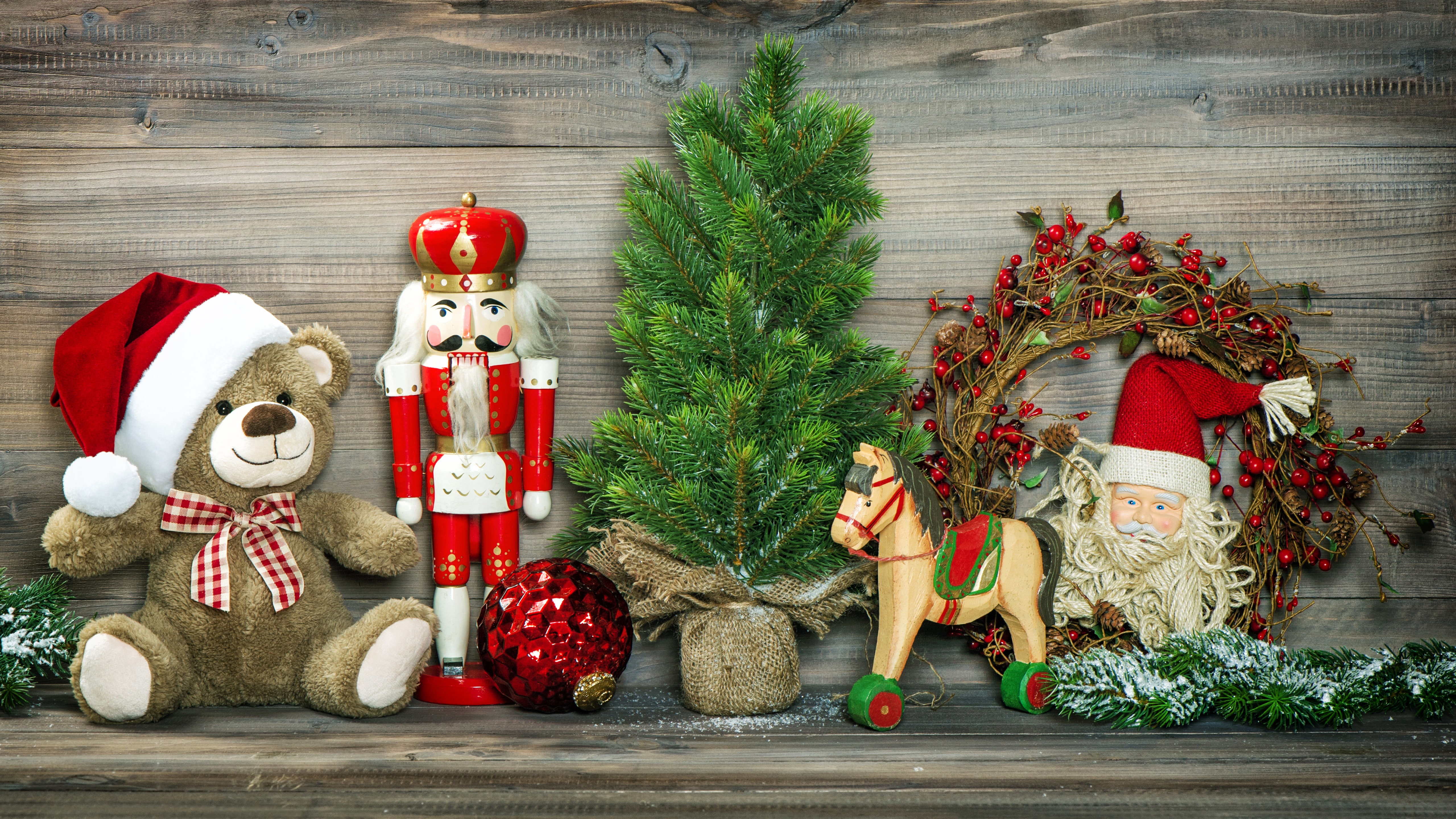 christmas, wood plank, christmas decoration, 5K, wood planks, wood, teddy bear, HD Wallpaper