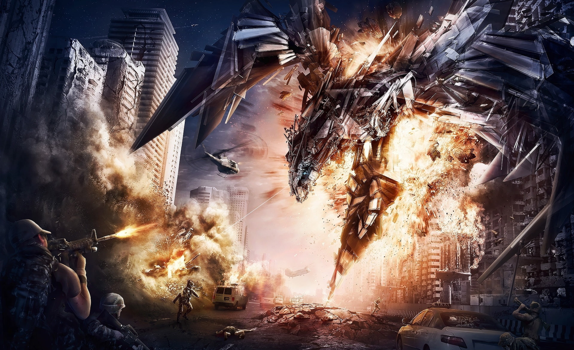 Fantasy, city, street, architecture, transportation, pollution, motor vehicle, game, sunset, fanart, building exterior, transformers 4, destruction, cloud - sky, HD Wallpaper
