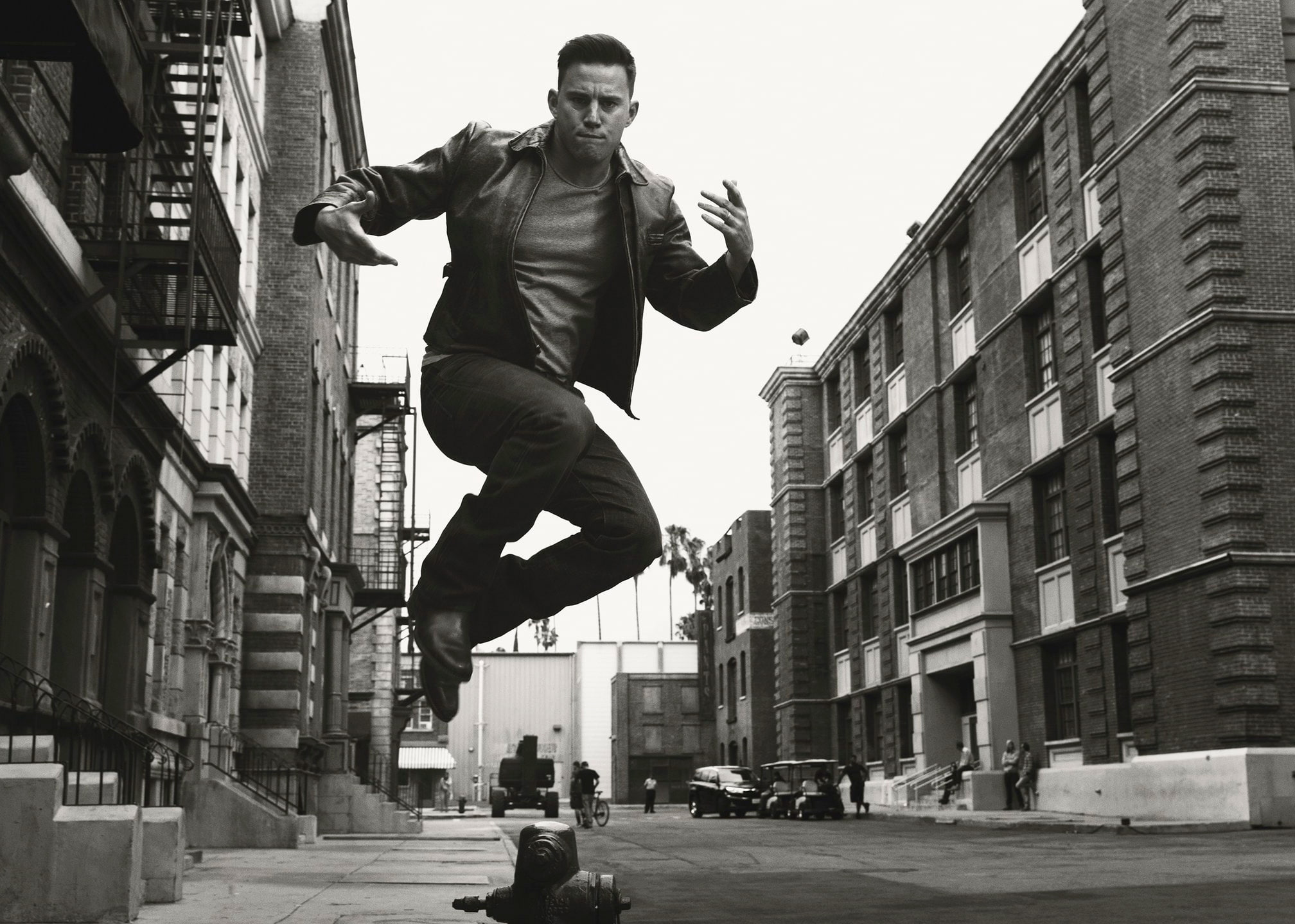 photo, frame, actor, black and white, Channing Tatum, home, 1080P, street, Norman Jean Roy, jump, HD Wallpaper