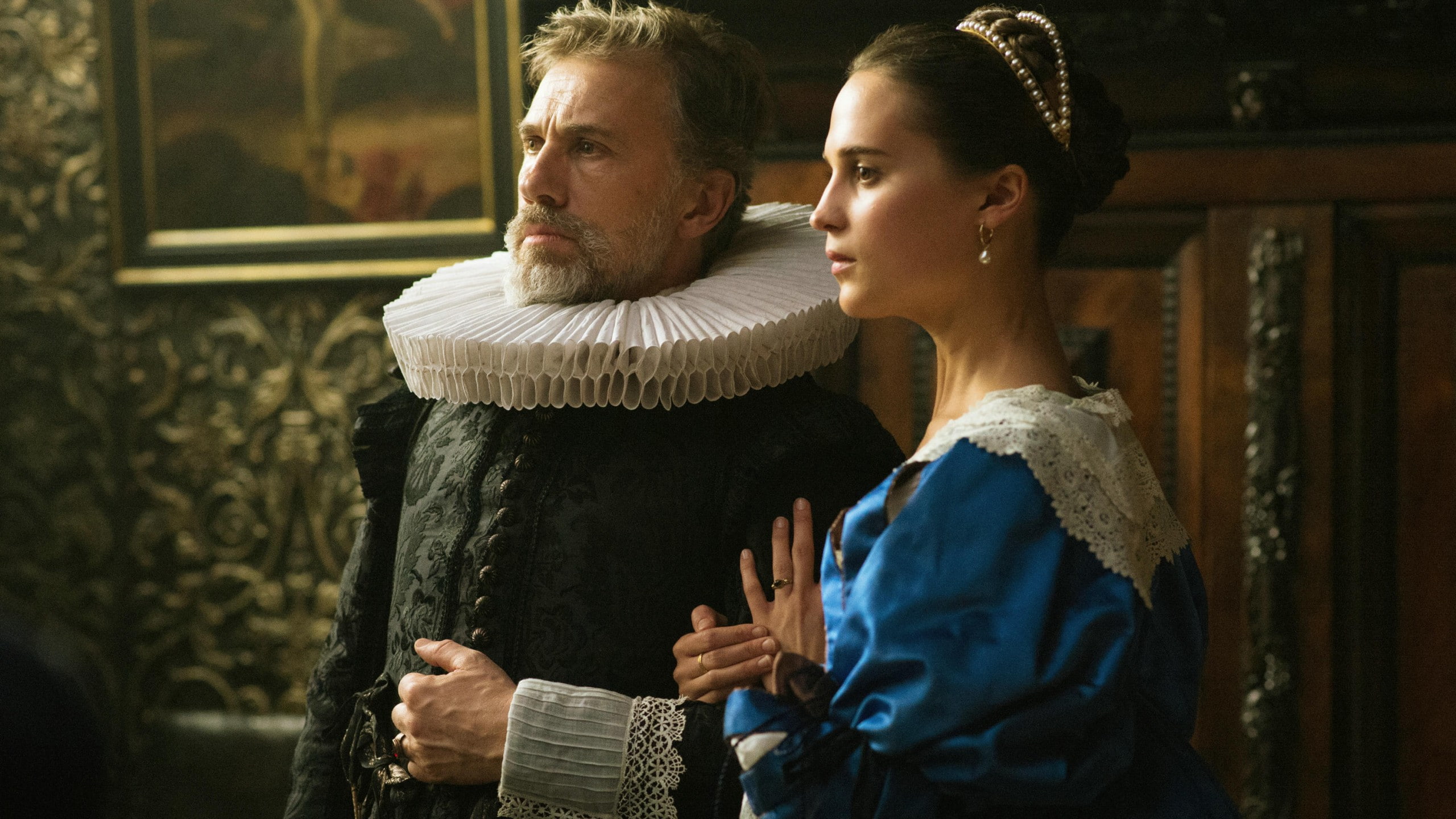 wearing, blue, black, Alicia Vikander, best movies, Christoph Waltz, Tulip Fever, woman, beside, 2K, jacket, man, dress, HD Wallpaper