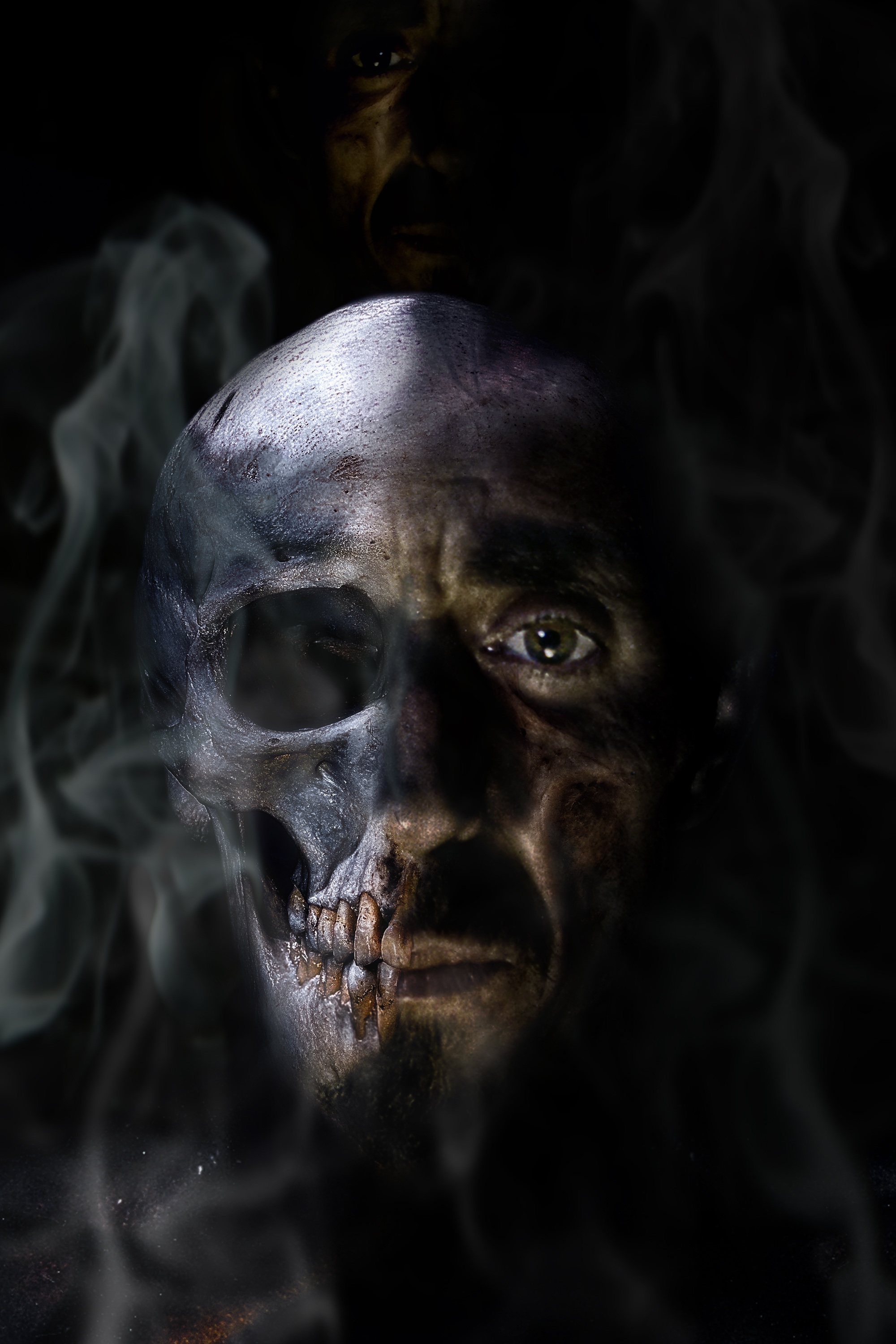 skull, black background, portrait, human, dead, smoke - physical structure, horror, photomanipulation, headshot, 2K, real people, front view, Phone HD Wallpaper
