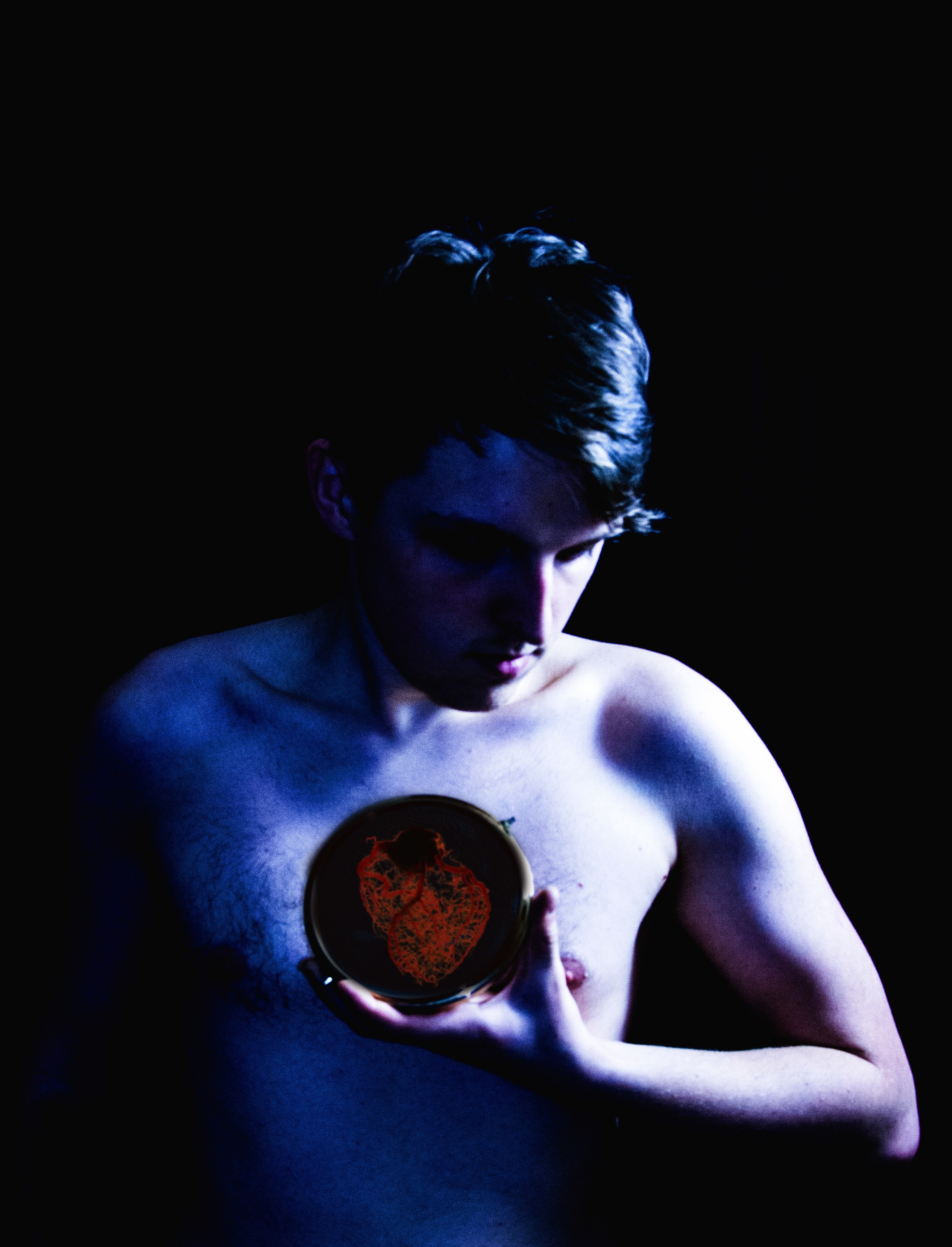 photography, one person, model, 4K, portrait, headshot, aggression, human body part, heart, sport, indoors, shirtless, black background, blood, chest, Phone HD Wallpaper