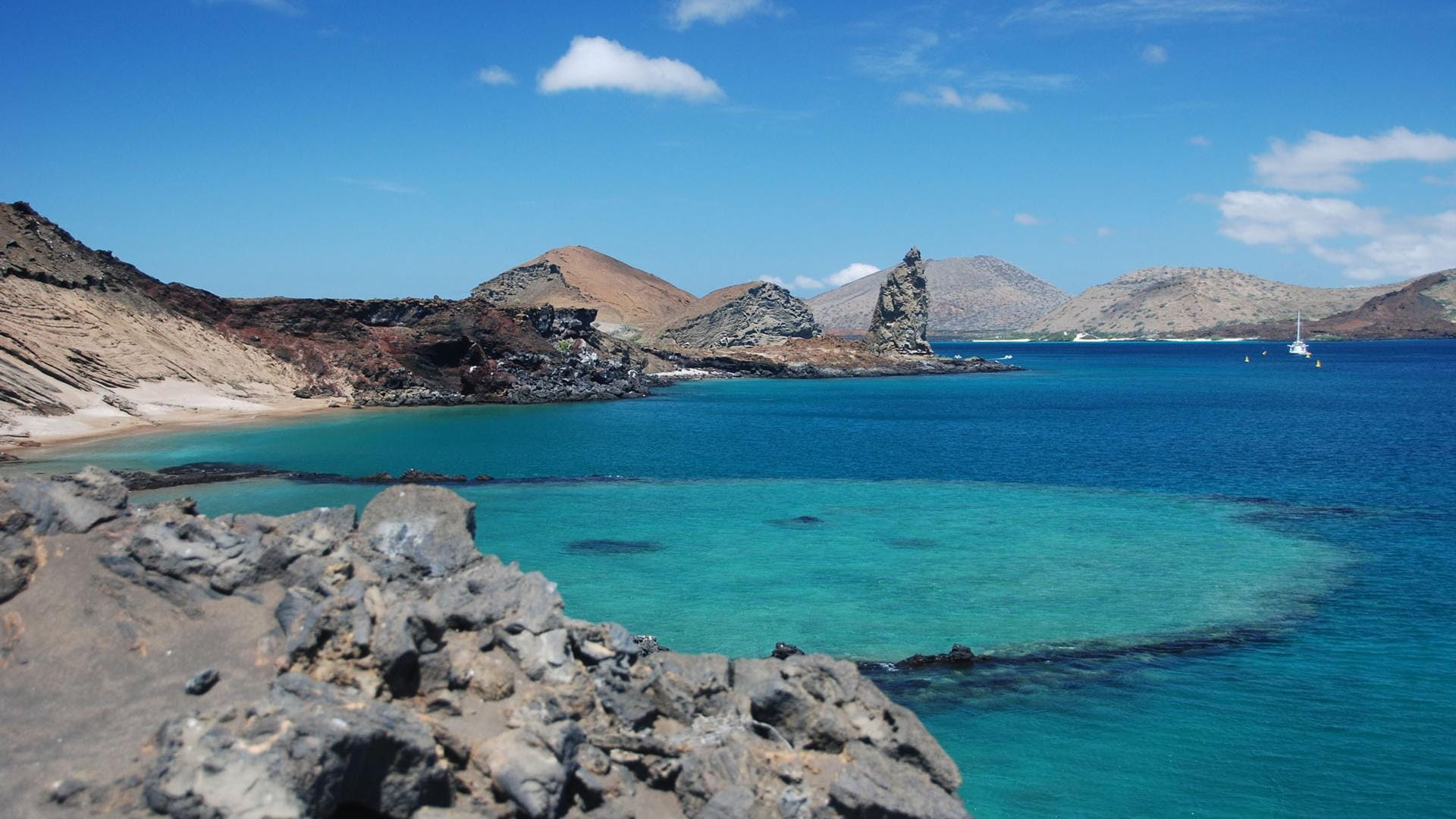 Island, outdoors, sky, rock - object, day, land, photo, next, no people, mountain, cloud - sky, 1080P, hills, nature, beach, rock, water, galapagos, tranquil scene, HD Wallpaper