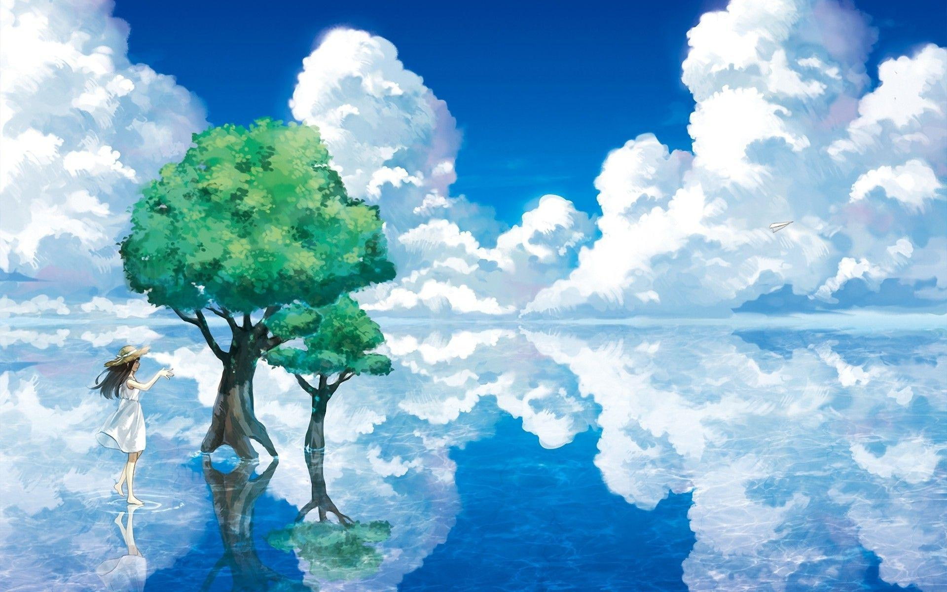 water, 1920x1200, girl, hat, walking, cloud, woman, illustration, tree, green, next, reflection, beige, sun, anime, standing, leafed, 1080P, HD Wallpaper