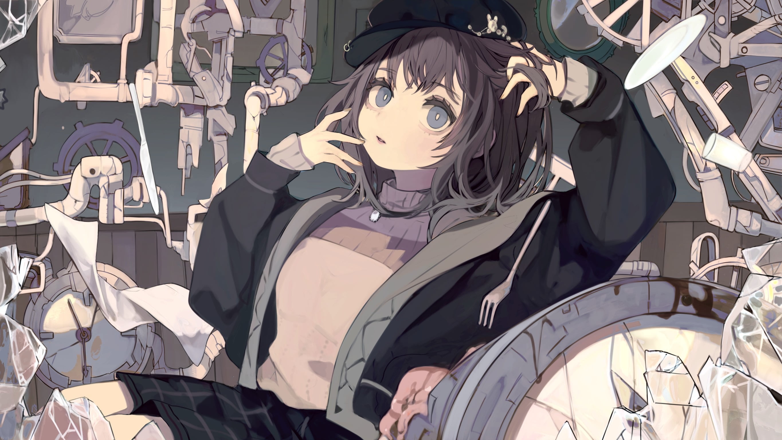 berets, clocks, anime, pipes, necklace, 2K, long nails, blue eyes, long hair, skirt, toilet paper, broken glass, dark hair, looking at viewer, anime girls, HD Wallpaper