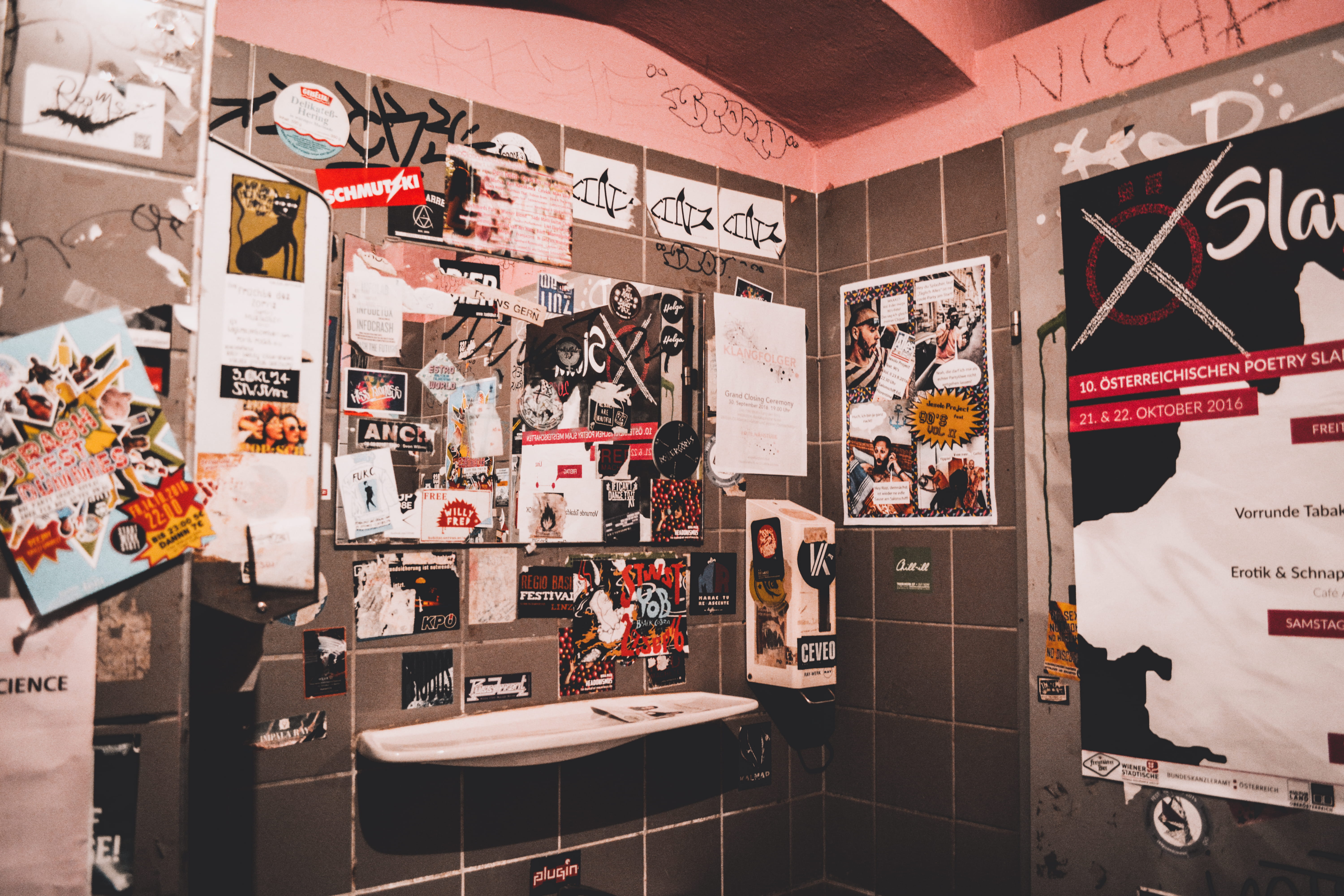 vandalized, vandalism, abundance, poster, messy, day, representation, communication, indoors, room, absence, lot, western script, ceramic, wall - building feature, HD Wallpaper