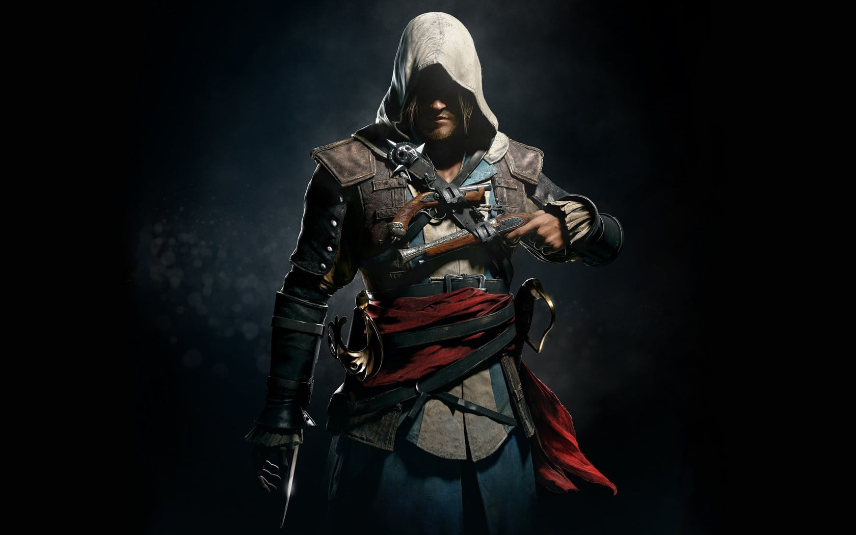 black background, one person, studio shot, samurai, video games, portrait, clothing, 720P, aggression, gun, adult, communication, assassin, looking at camera, HD Wallpaper