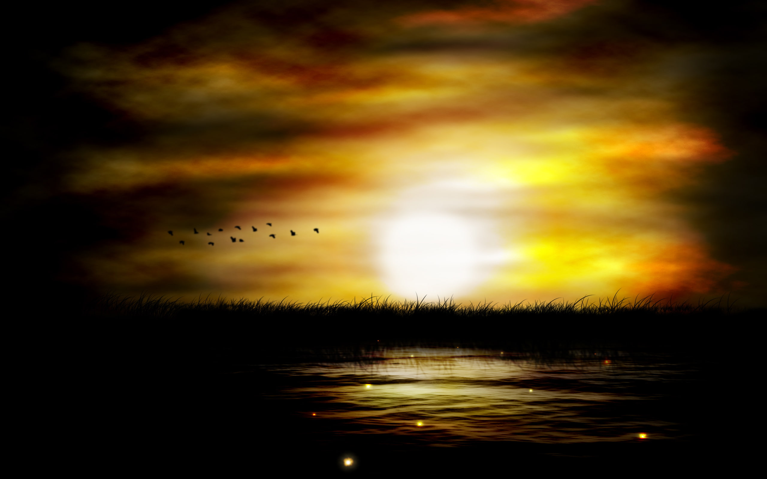painting, 2K, orange, yellow, swamp, landscape, black, sunset, dark, HD Wallpaper