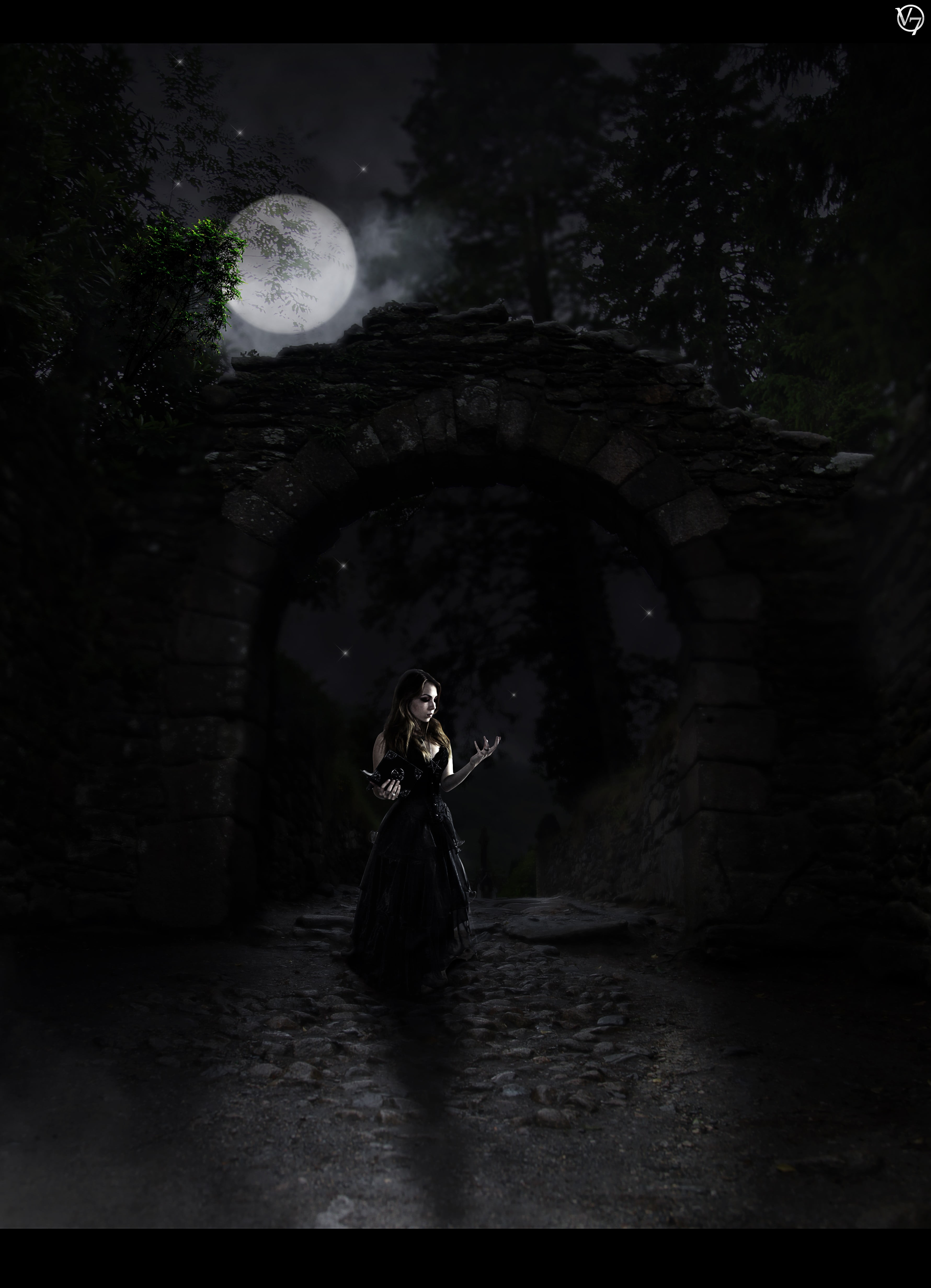 dress, contemplation, fantasy art, leisure activity, adult, fashion, 4K, outdoors, women, front view, full length, moonlight, fantasy girl, architecture, Phone HD Wallpaper