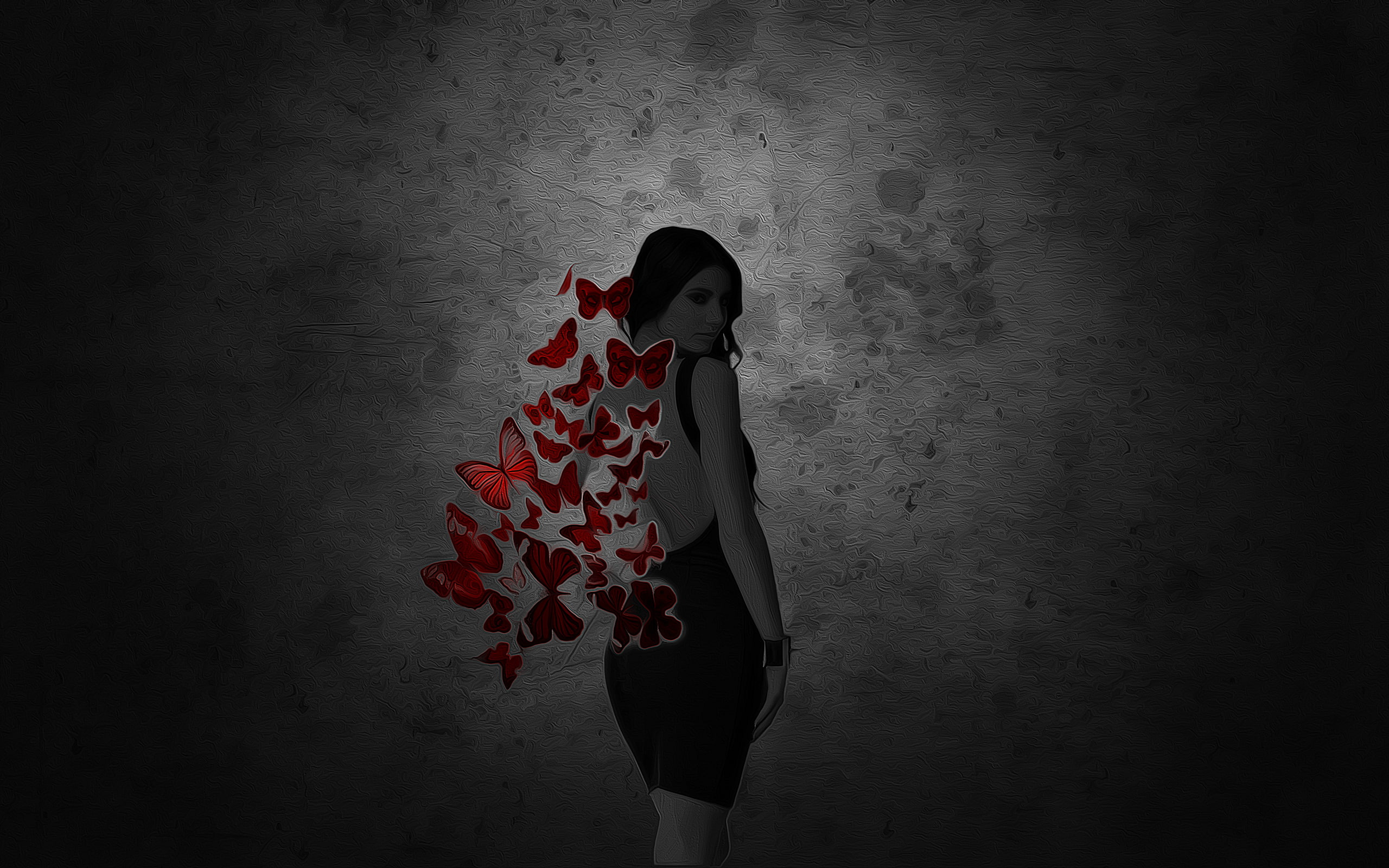 rear view, dark, wall - building feature, contemplation, clothing, black background, pink, standing, red, women, dress, adult, studio shot, butterfly, lifestyles, HD Wallpaper