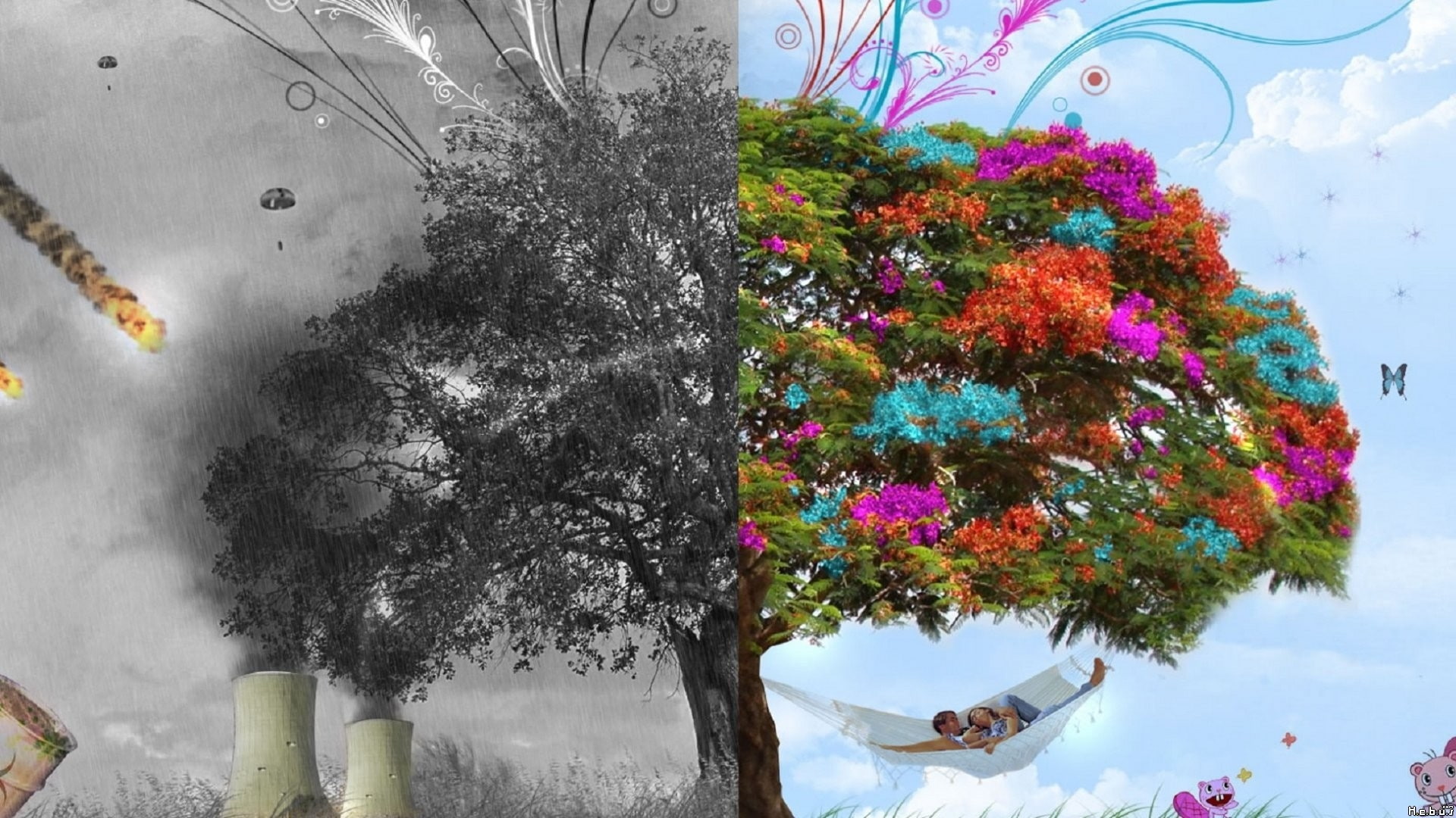 digital, four, art, creative, x, 1080P, seasons, Trees, hd, nature, HD Wallpaper