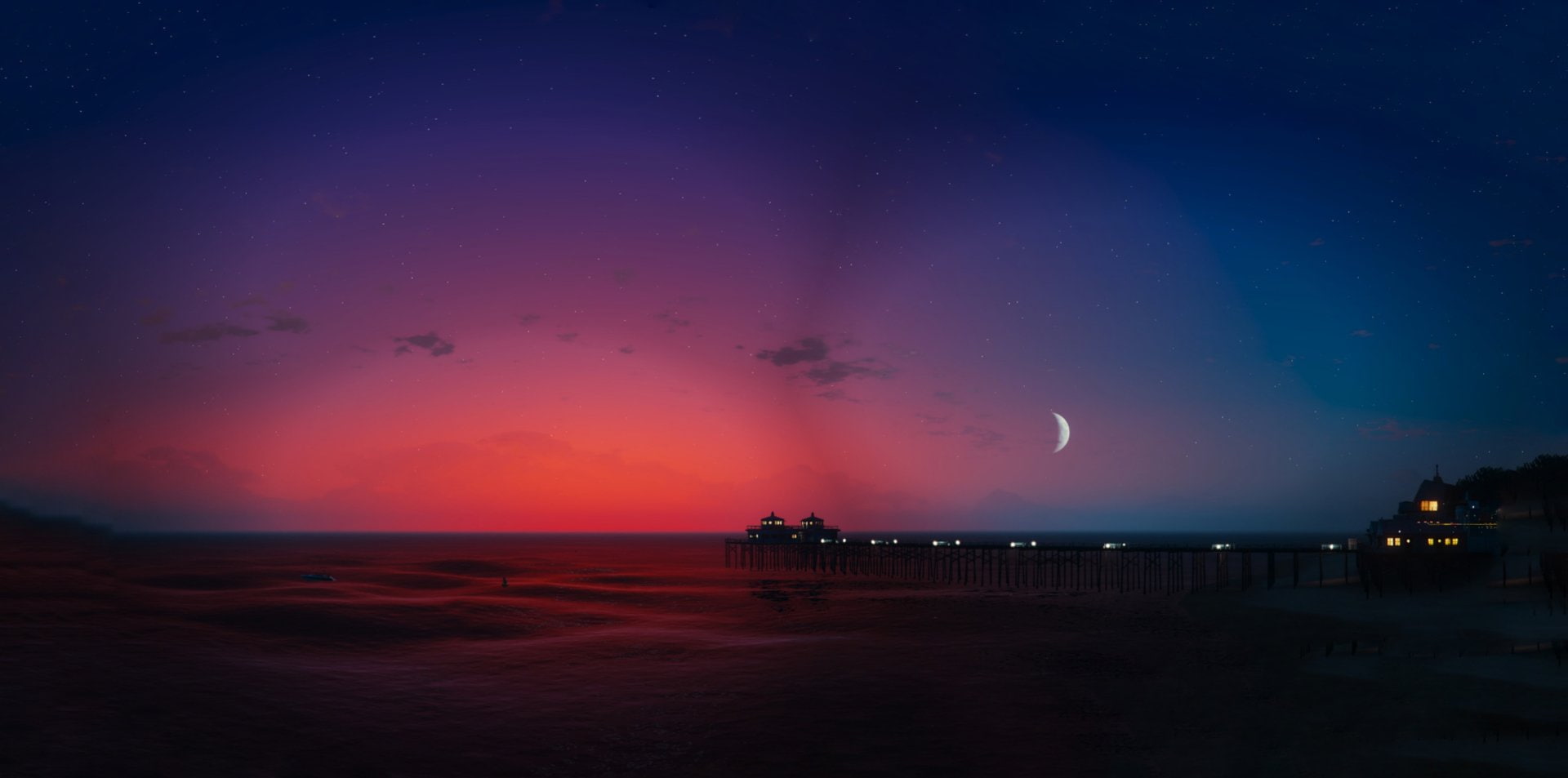 Moon, Horizon, Sunset, Grand Theft Auto V, Video Game, Grand Theft Auto, 1080P, Pier, Sky, Dusk, HD Wallpaper