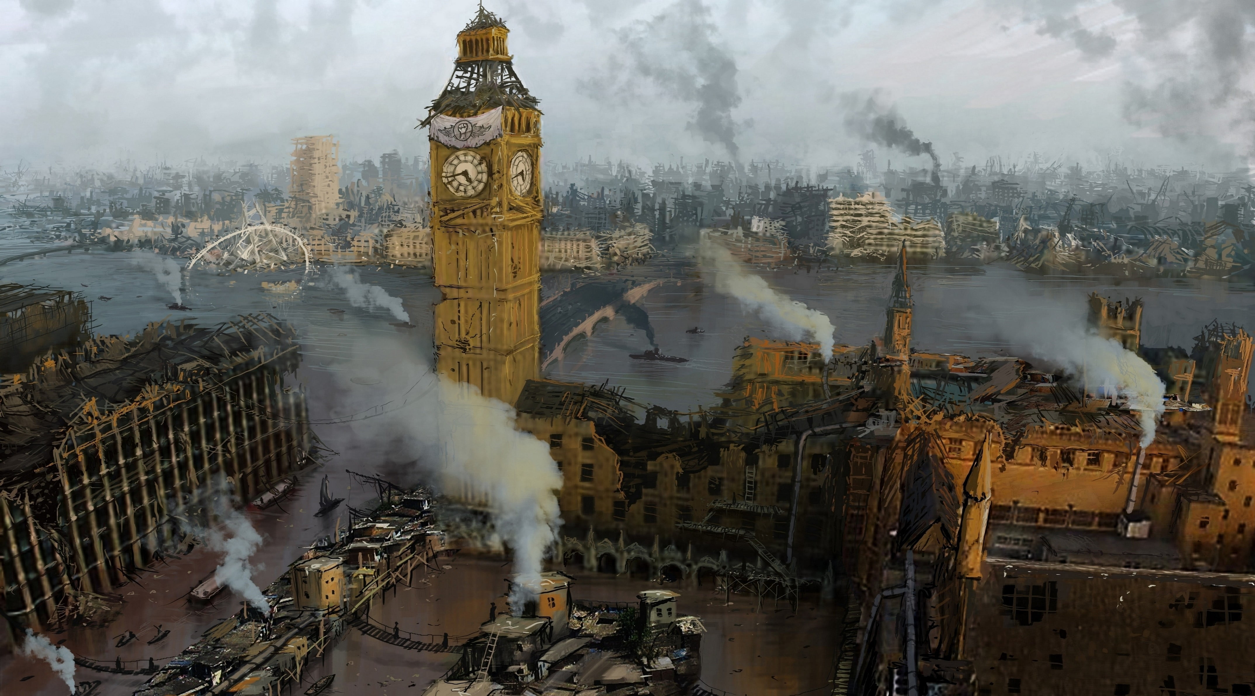 ruin, artwork, outdoors, pollution, Big Ben, smoke, apocalyptic, tree, London, built structure, building exterior, no people, UK, tower, smoke - physical structure, HD Wallpaper
