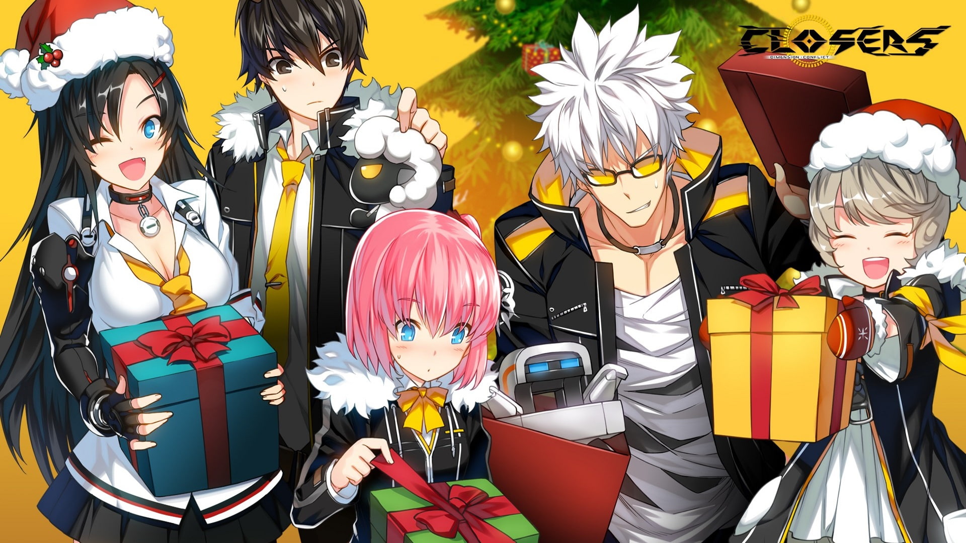 art, gifts, slasher, tree, action, Closers, guys, Anime, girls, yellow background, 1080P, MMO, HD Wallpaper