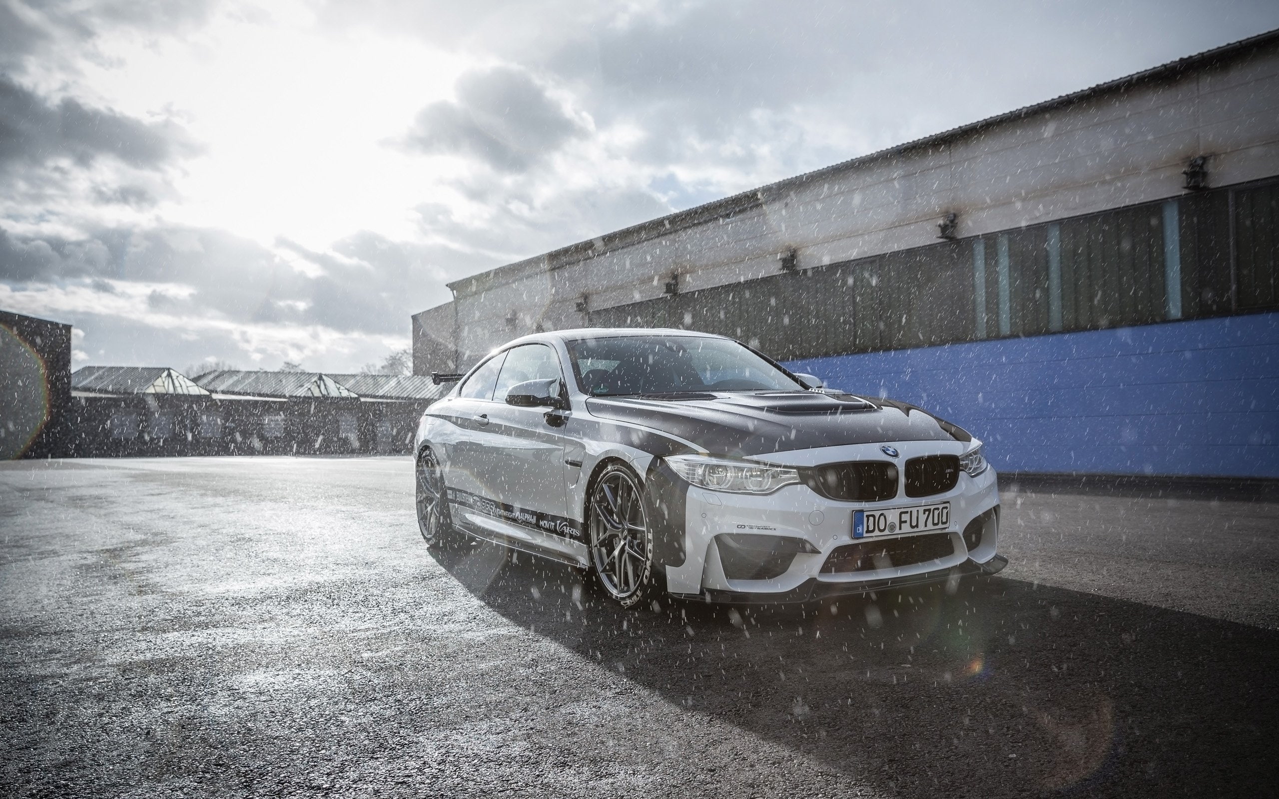 front, motor vehicle, rain, car, bmw m4, cold temperature, winter, Vehicle, transportation, day, snowing, cars, white, land vehicle, 2K, road, wet, built structure, HD Wallpaper