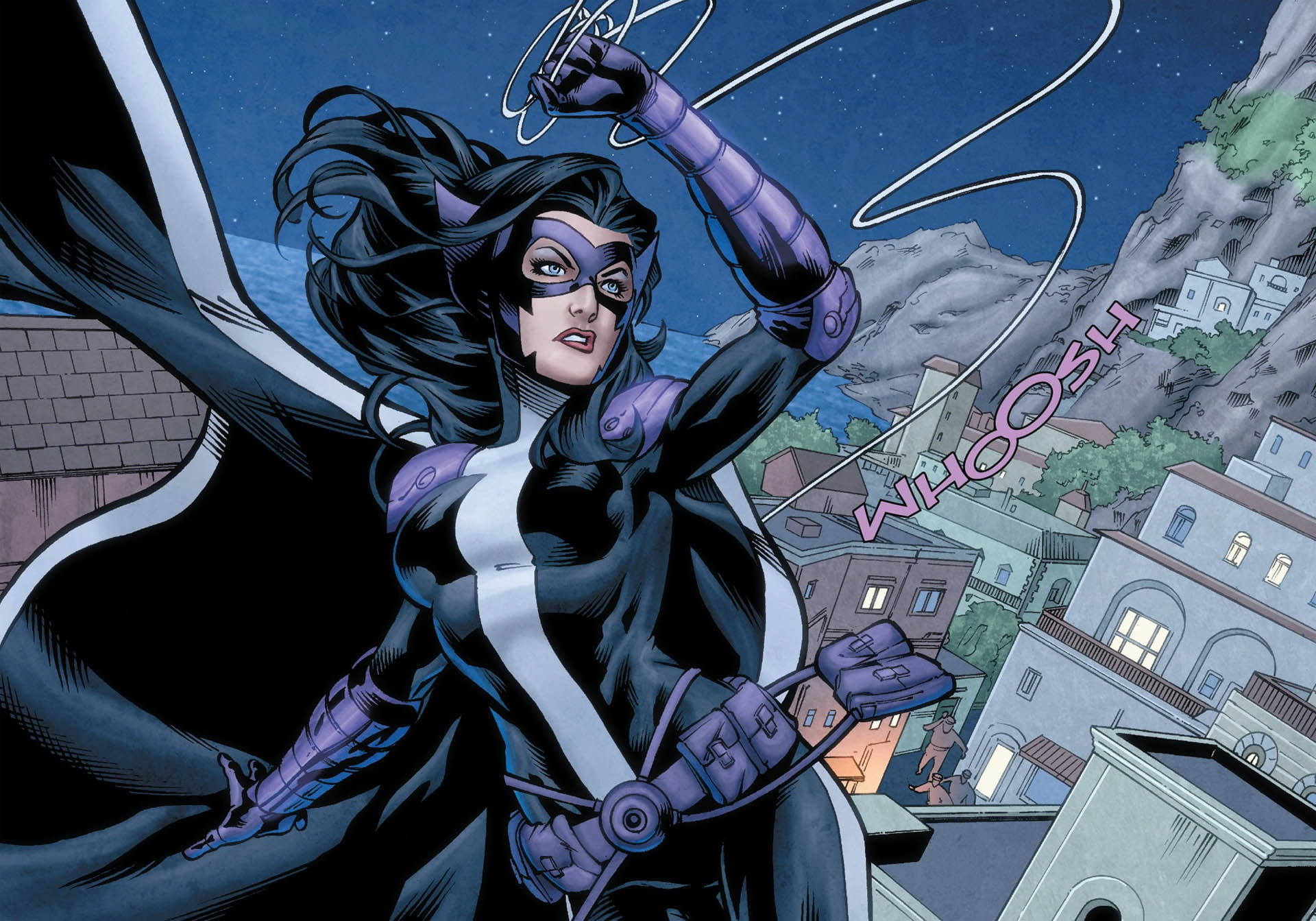 artwork, comics, girl, superhero, DC Comics, 1080P, fantasy art, Huntress, costume, city, buildings, mask, superheroine, blue eyes, fantasy, HD Wallpaper