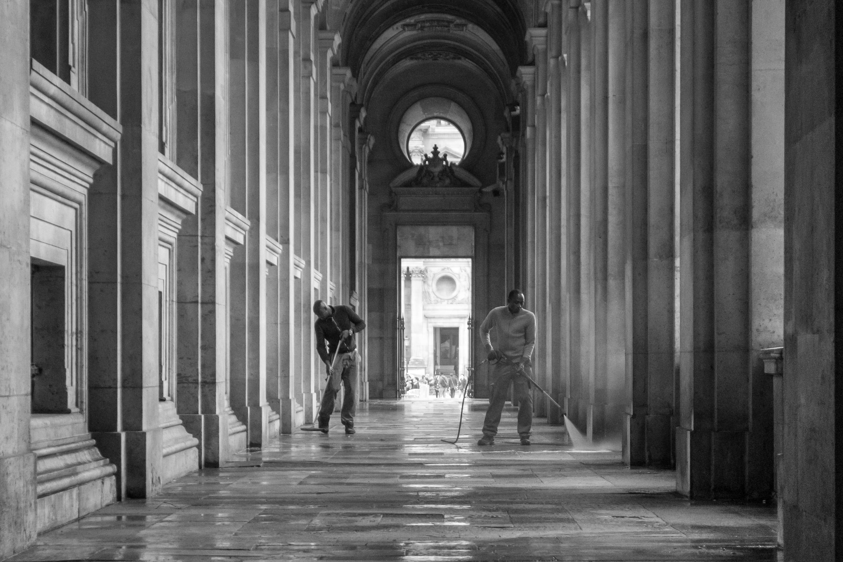 high, arcade, perspective, city, mirroring, museum, rear view, 2K, corridor, indoors, black and white, paris, arch, lifestyles, place of worship, men, HD Wallpaper