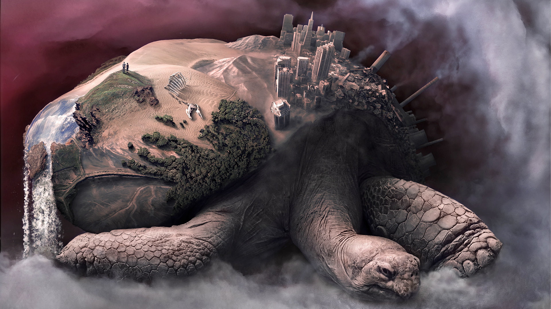 turtle, giant, skyscrapers, buildings, tortoise, waterfall, hd, 1080P, fantasy, HD Wallpaper