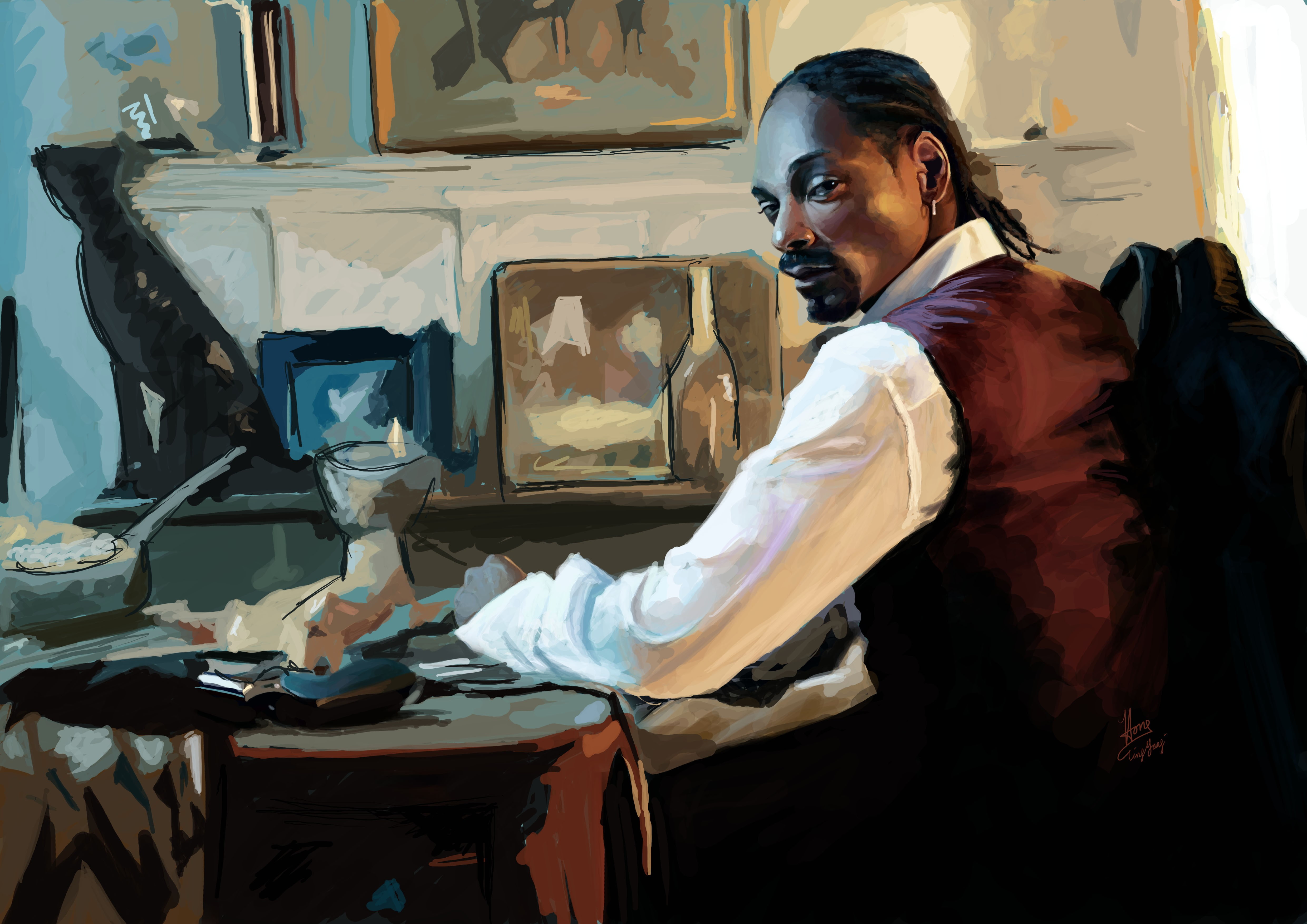 young adult, side view, casual clothing, business, three quarter length, occupation, calvin broadus musicians artwork snoop dogg, indoors, waist up, working, HD Wallpaper
