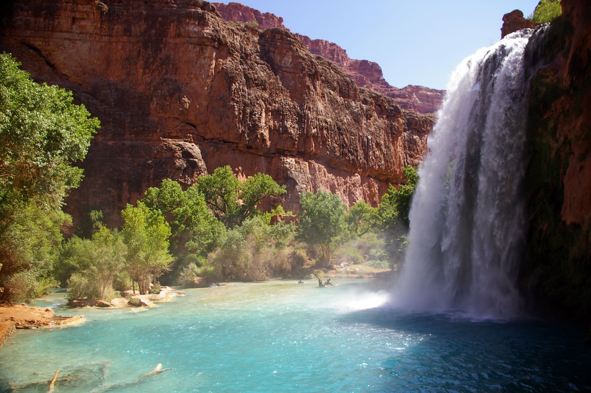 awe, falling, day, Havasupai Reservation, waterfront, rock - Object, river, stone - Object, beauty In Nature, mountain, waterfalls, tree, wilderness Area, HD Wallpaper