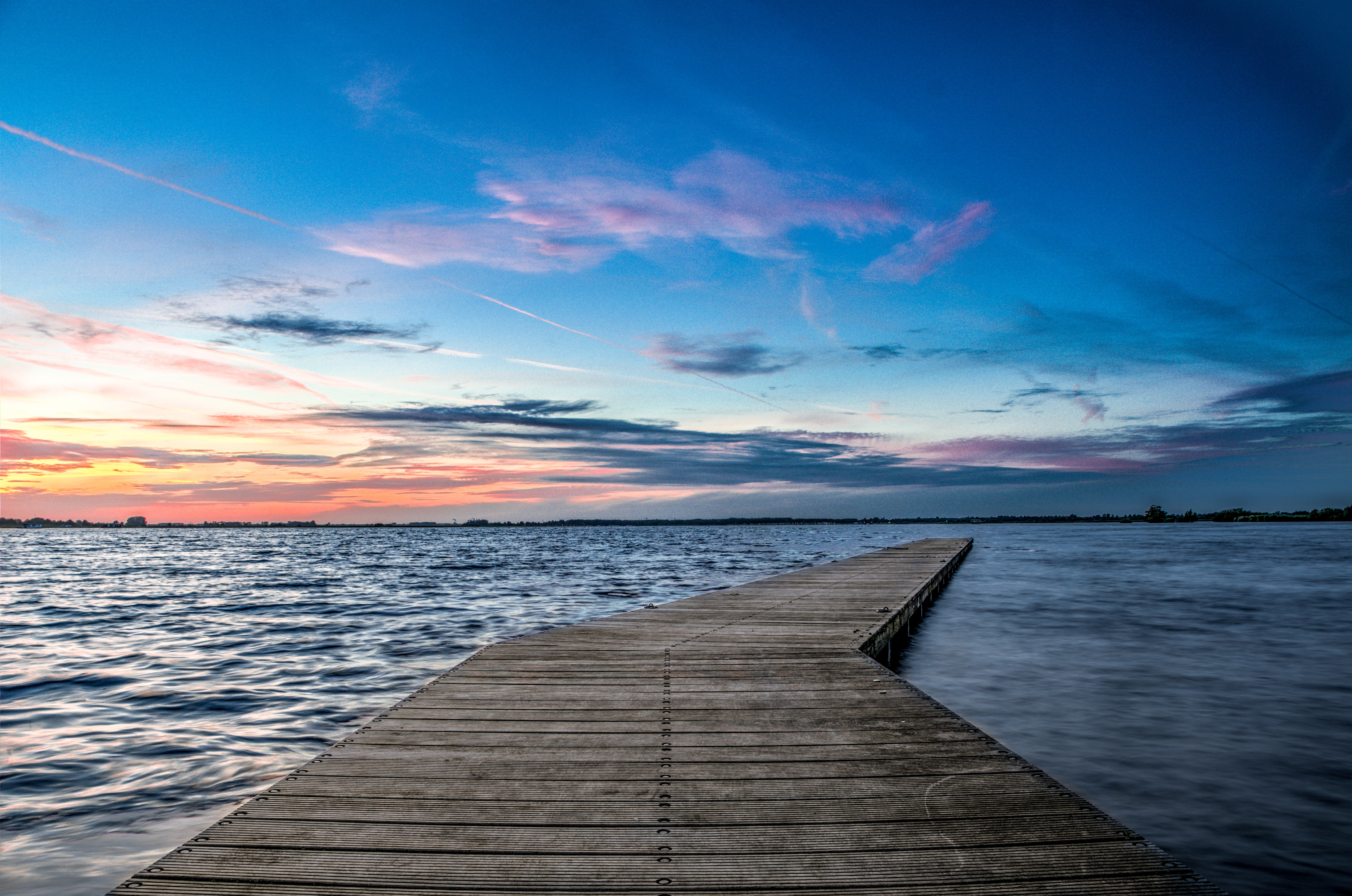no people, lake, foot, brown, jetty, sunset, wood, sky, colorful, tranquil, bridge, summer, blue, wood - Material, outdoors, peaceful, land, wooden, dock, HD Wallpaper