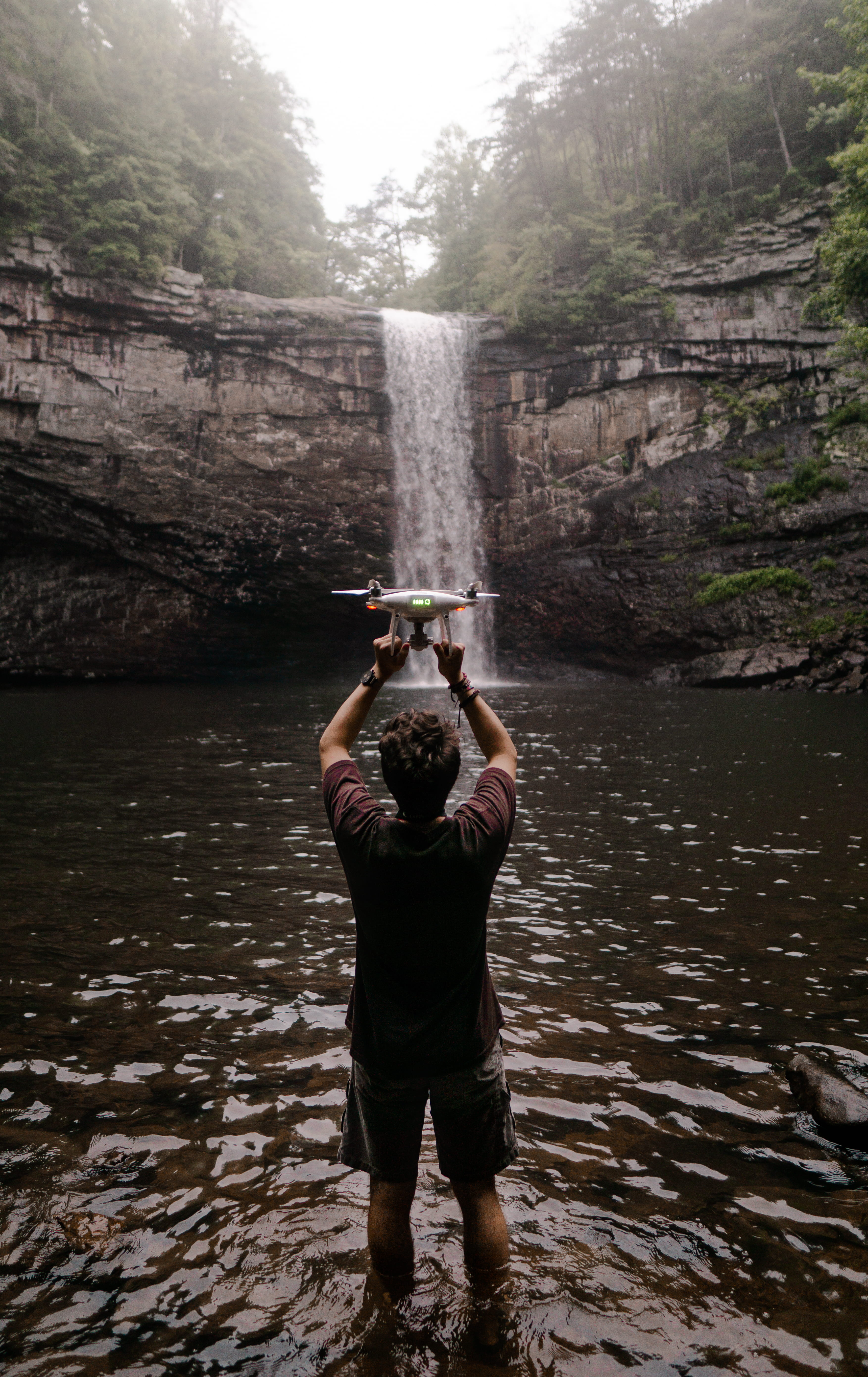 flying, waterfall, videography, dji, day, real people, waterfalls, standing, phantom 4 pro, white, arms raised, drone photo, flight, 5K, back, explore, Phone HD Wallpaper