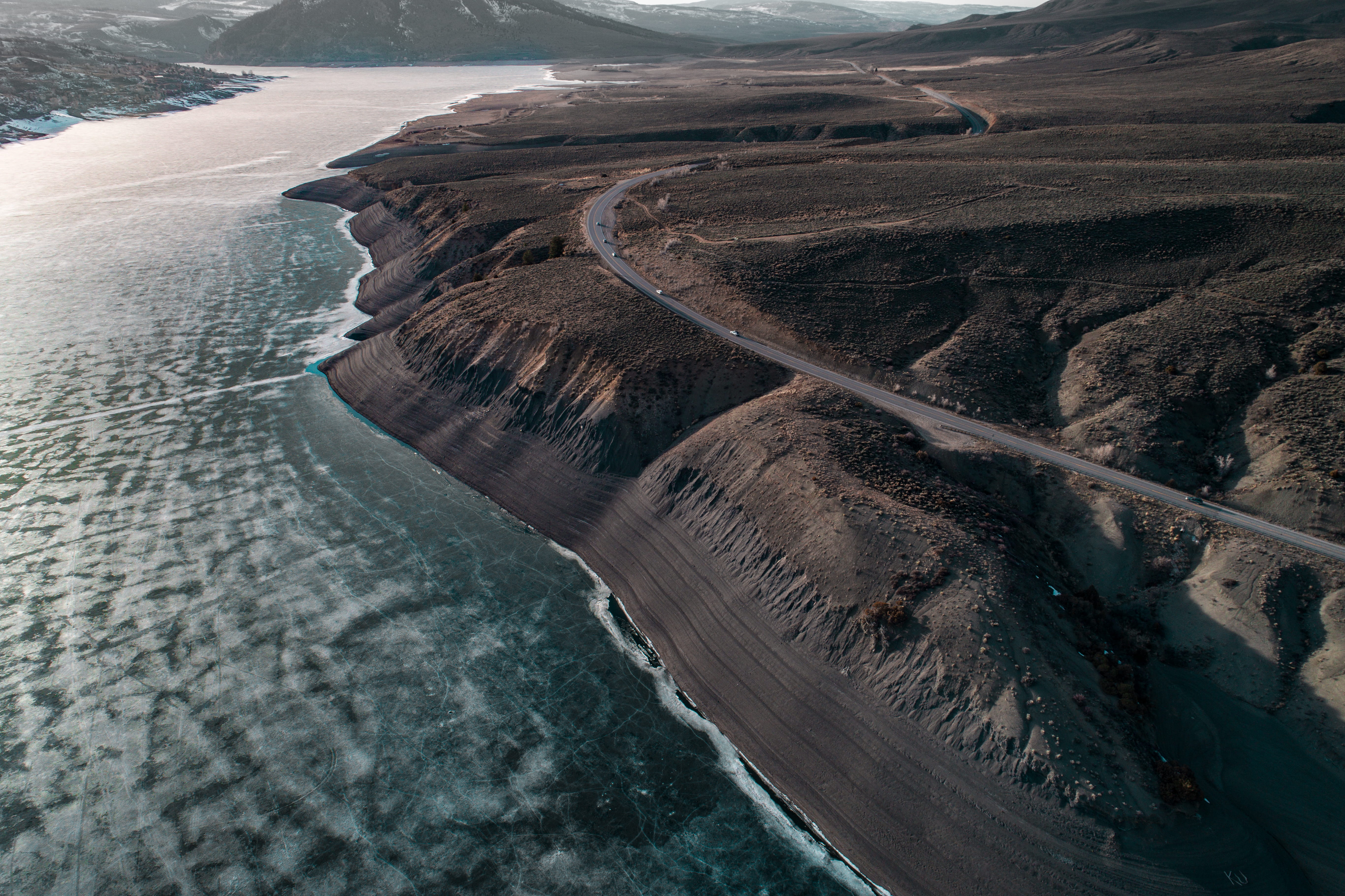day, river, water, beach, mountain, dji, tranquility, long road, scenics - nature, non-urban scene, tranquil scene, ice, aerial view, nature, environment, HD Wallpaper