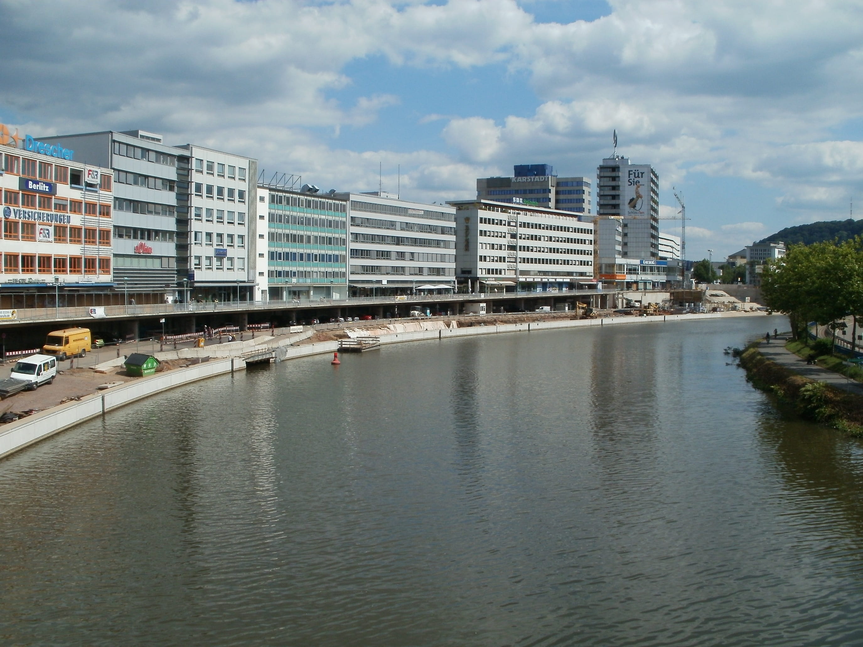Promenade, day, city, residential district, bridge - man made structure, no people, urban, cloud - sky, river, 2K, cityscape, berliner promenade, building, HD Wallpaper