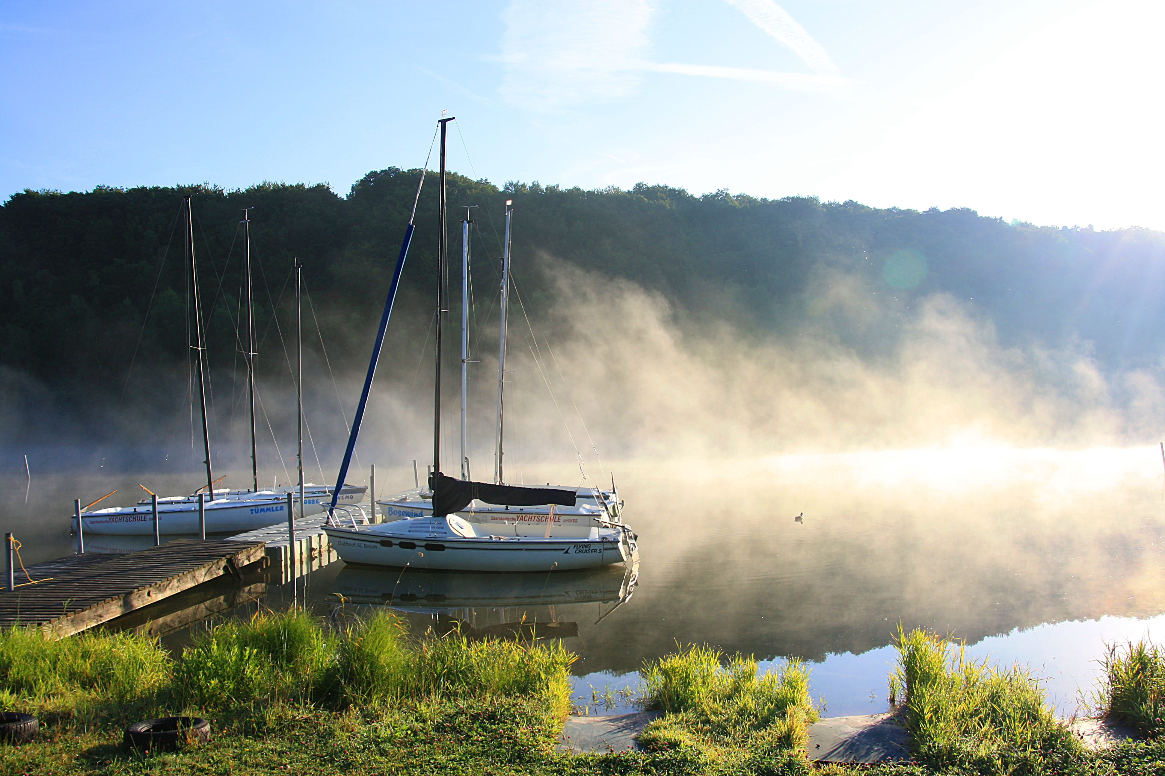 morgenstimmung, nature, leisure, backlighting, sky, no people, tourism, transportation, mode of transportation, scenics - nature, plant, pole, water, bostalsee, HD Wallpaper